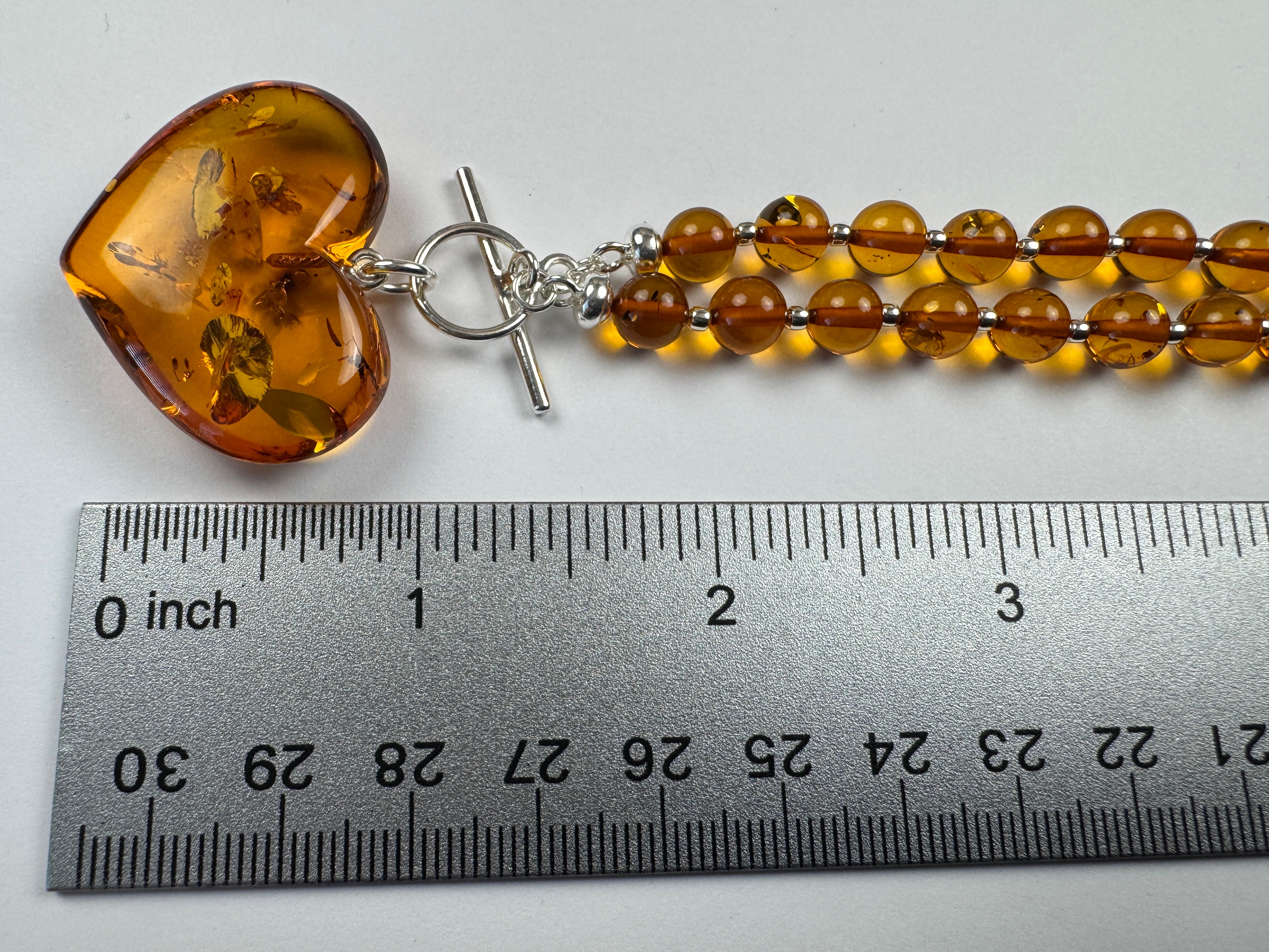 Cognac Baltic Amber Beaded Necklace – Puffy Honey Heart Pendant & Sterling Silver Toggle Closure