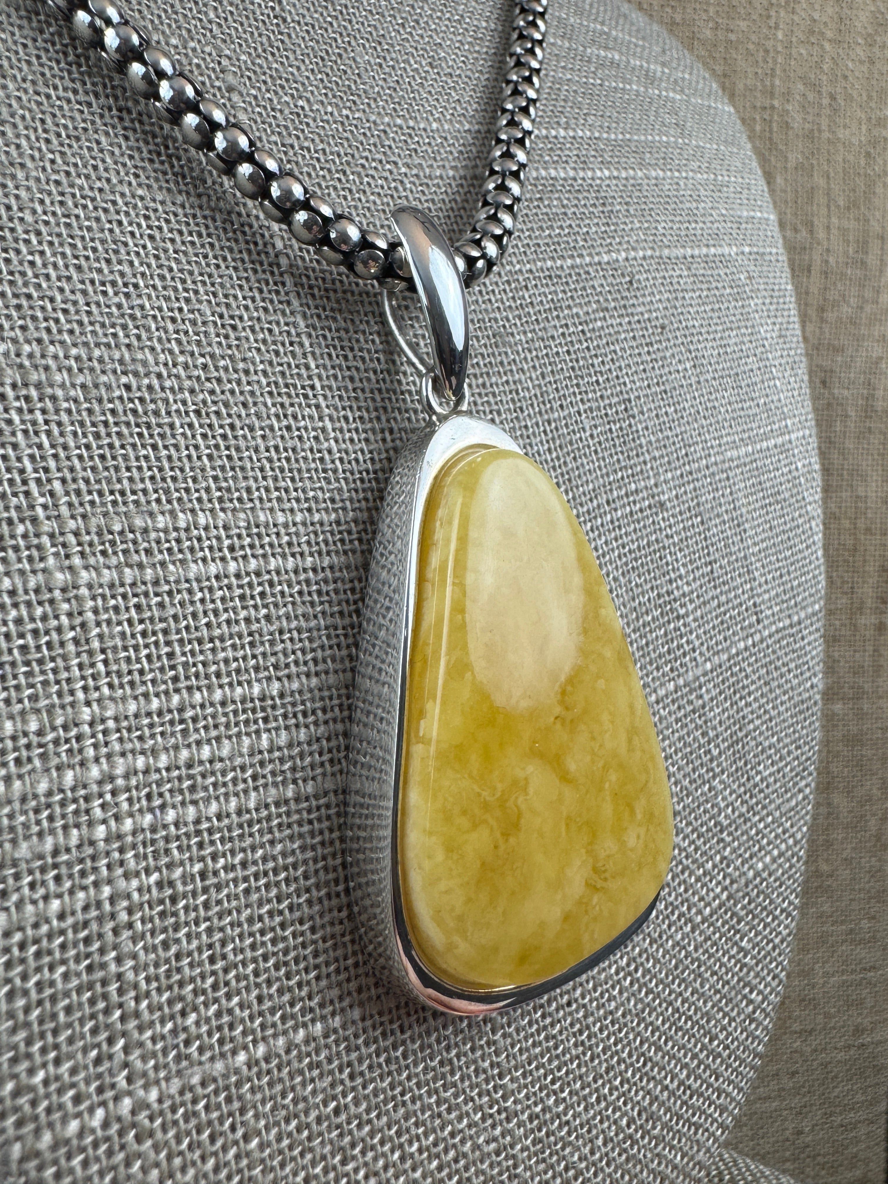 One-of-a-Kind Butterscotch Amber Pendant – Sterling Silver & Beaded Chain