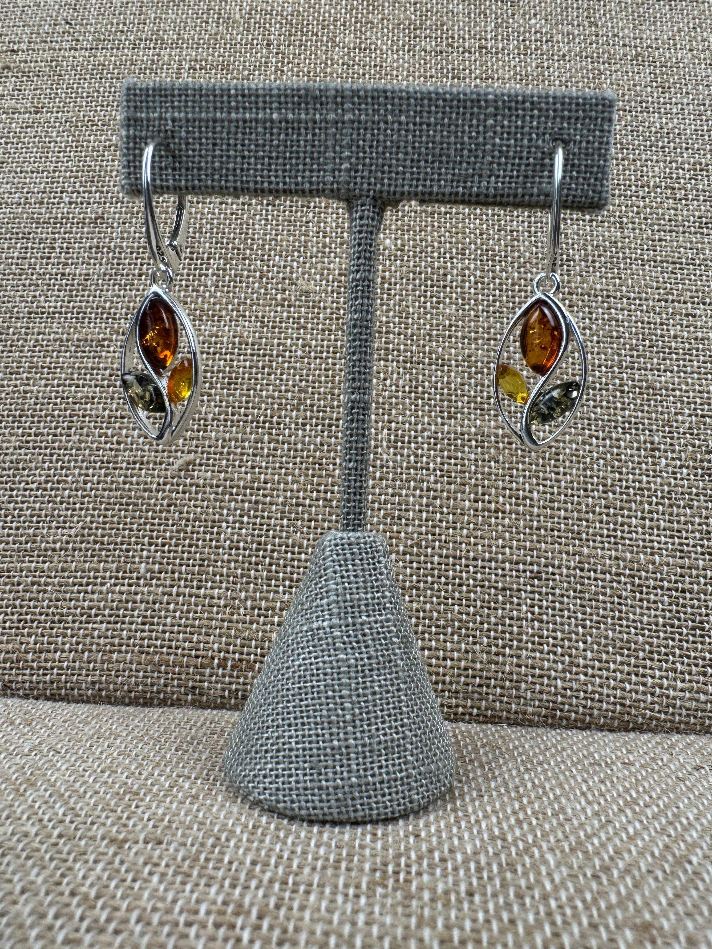 Swirl into Style: Multi-Color Baltic Amber Dangle Earrings in Sterling Silver