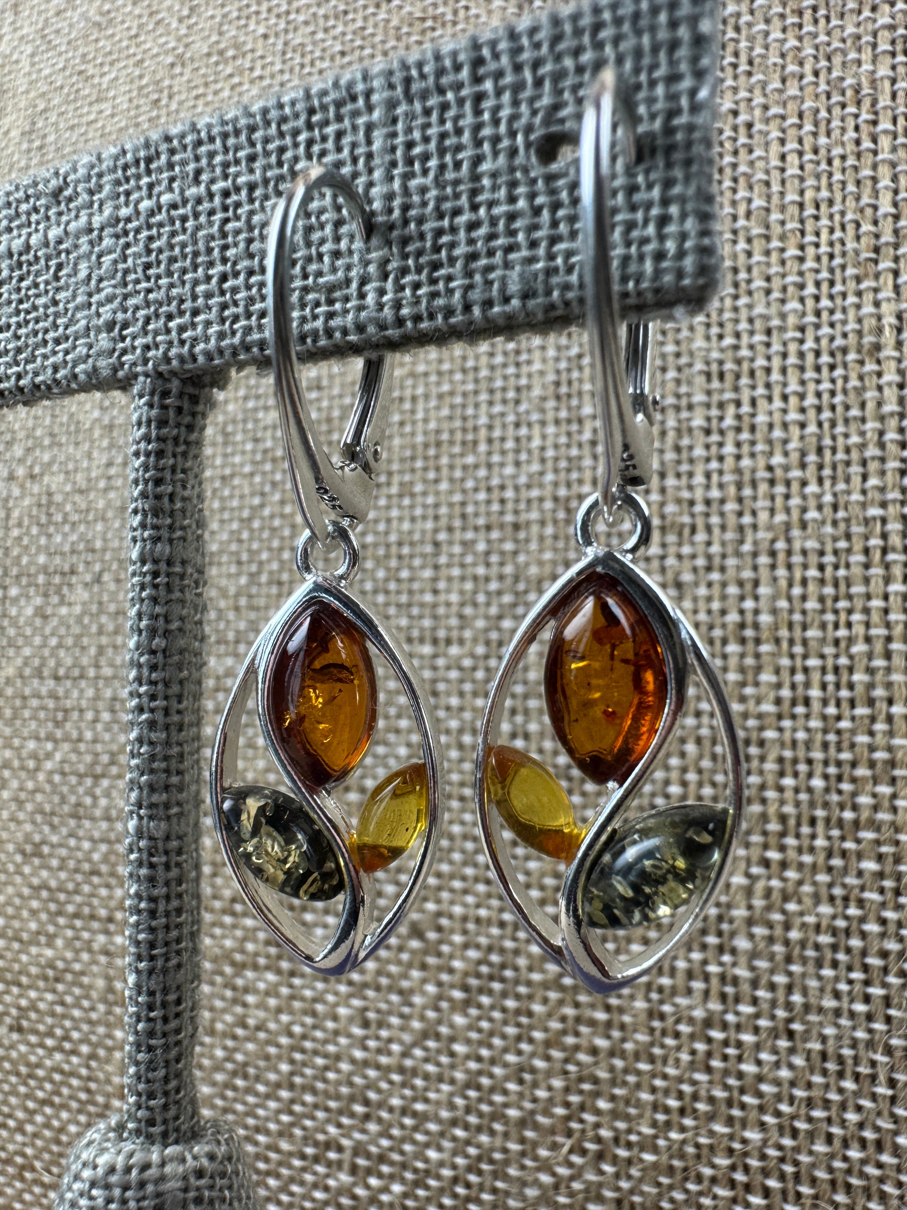 Swirl into Style: Multi-Color Baltic Amber Dangle Earrings in Sterling Silver