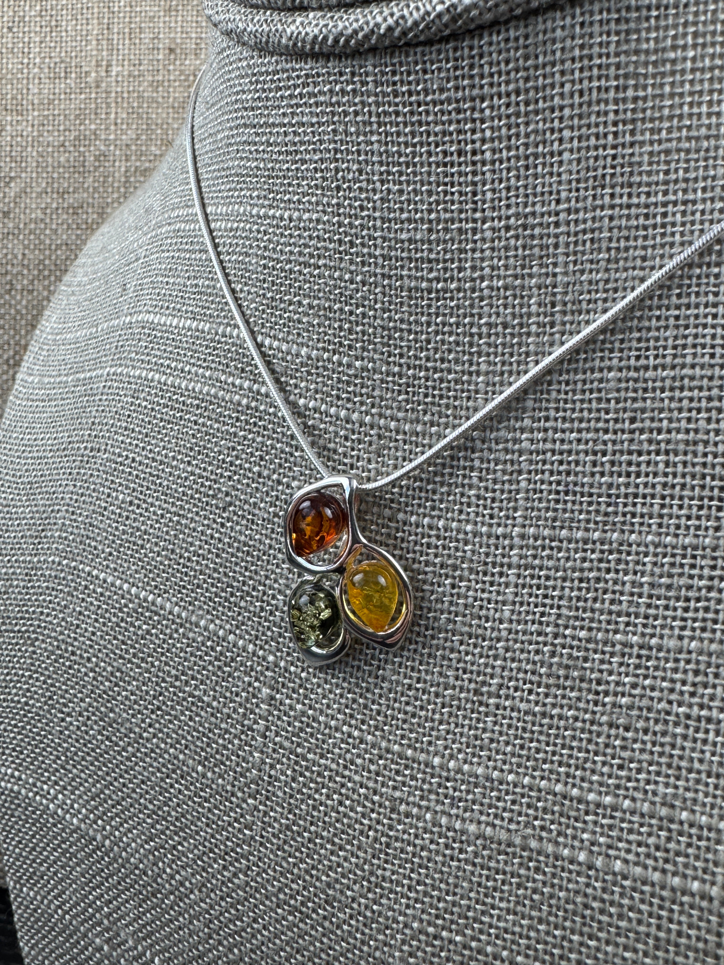 Trio of Light: Multicolor Baltic Amber Pendant on silver box chain