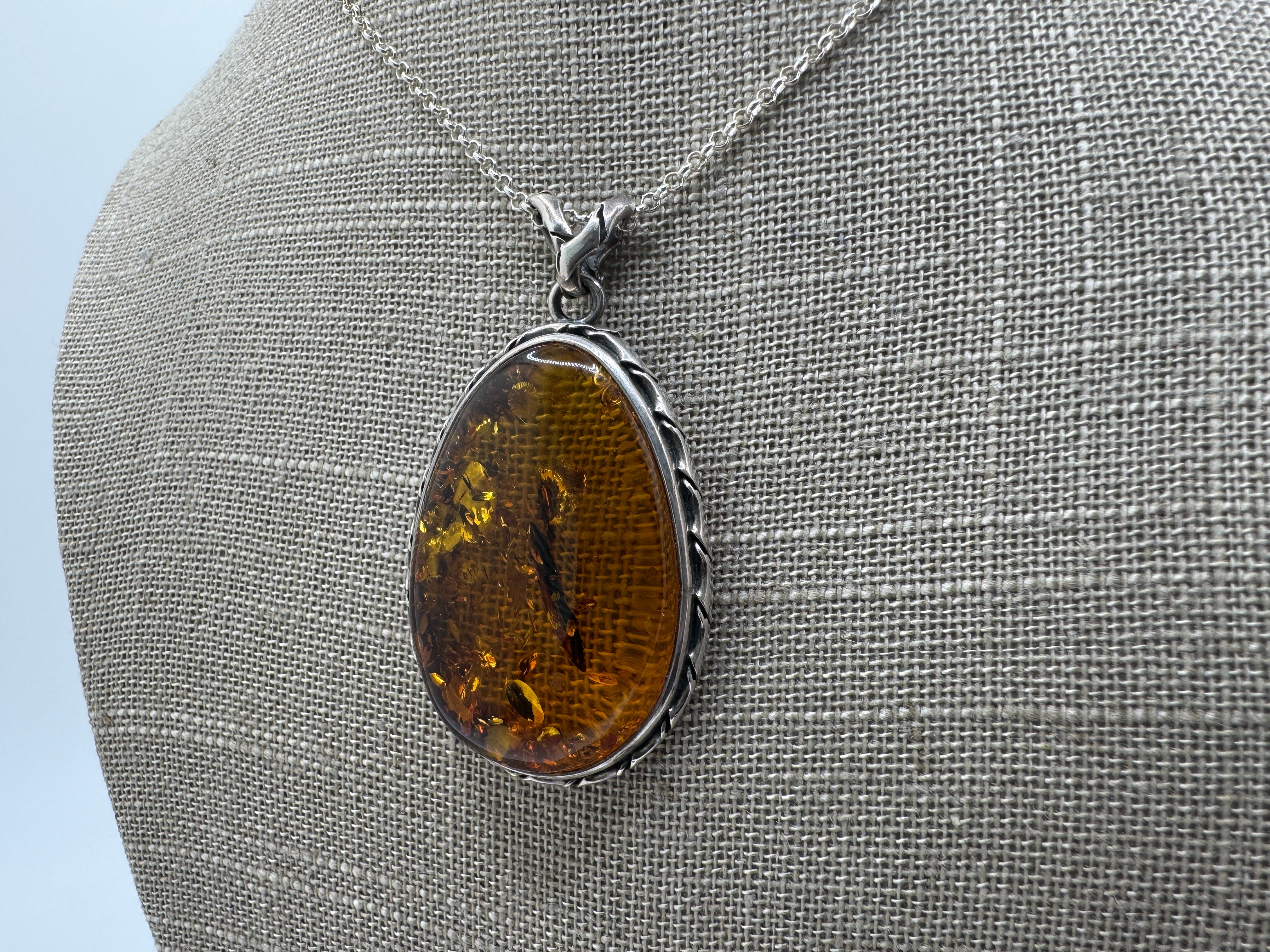 Oxidized Sterling Silver Cognac Baltic Amber Pendant Necklace – Antique Style with 18” Chain, Handmade in Poland