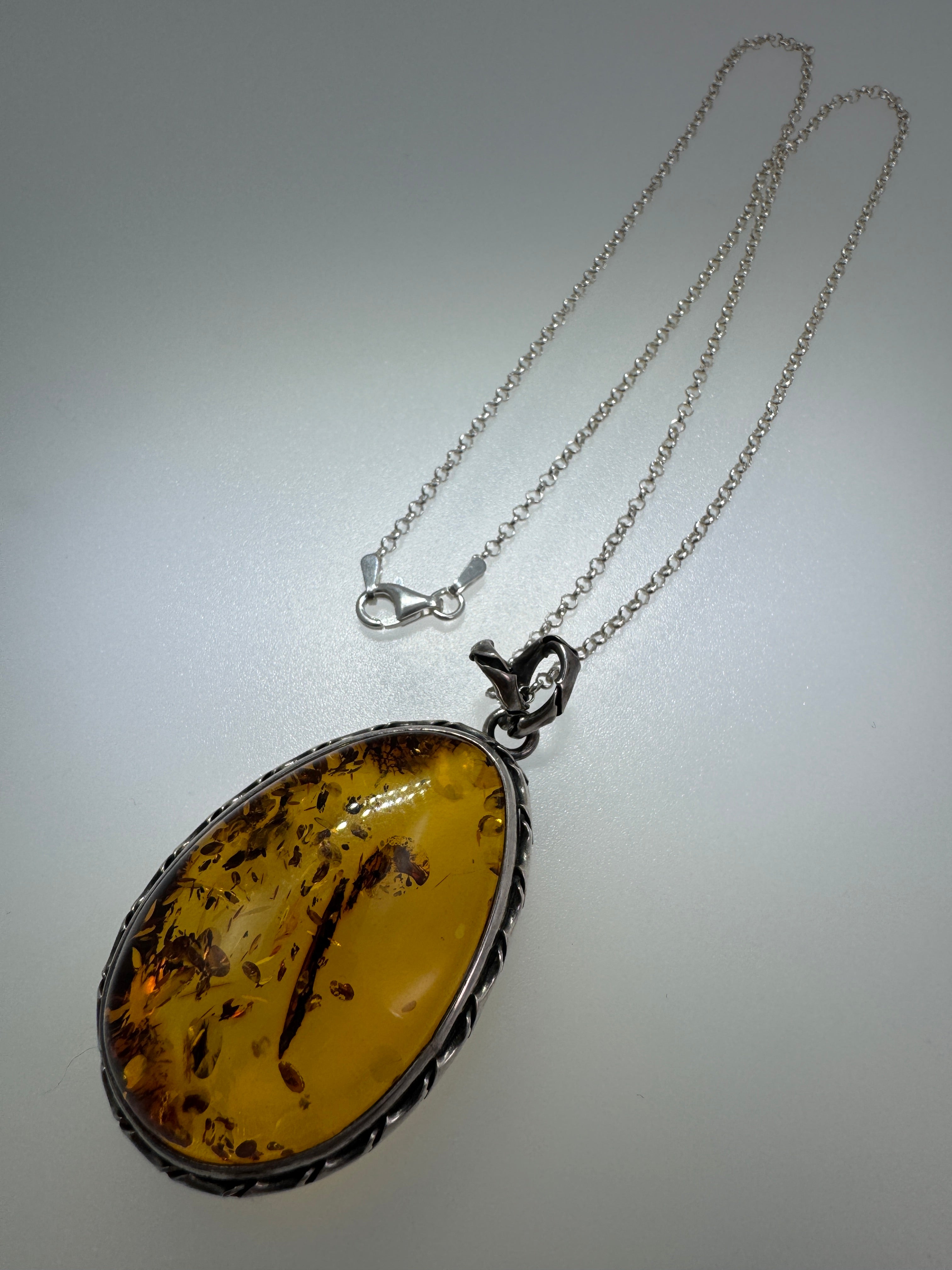 Oxidized Sterling Silver Cognac Baltic Amber Pendant Necklace – Antique Style with 18” Chain, Handmade in Poland