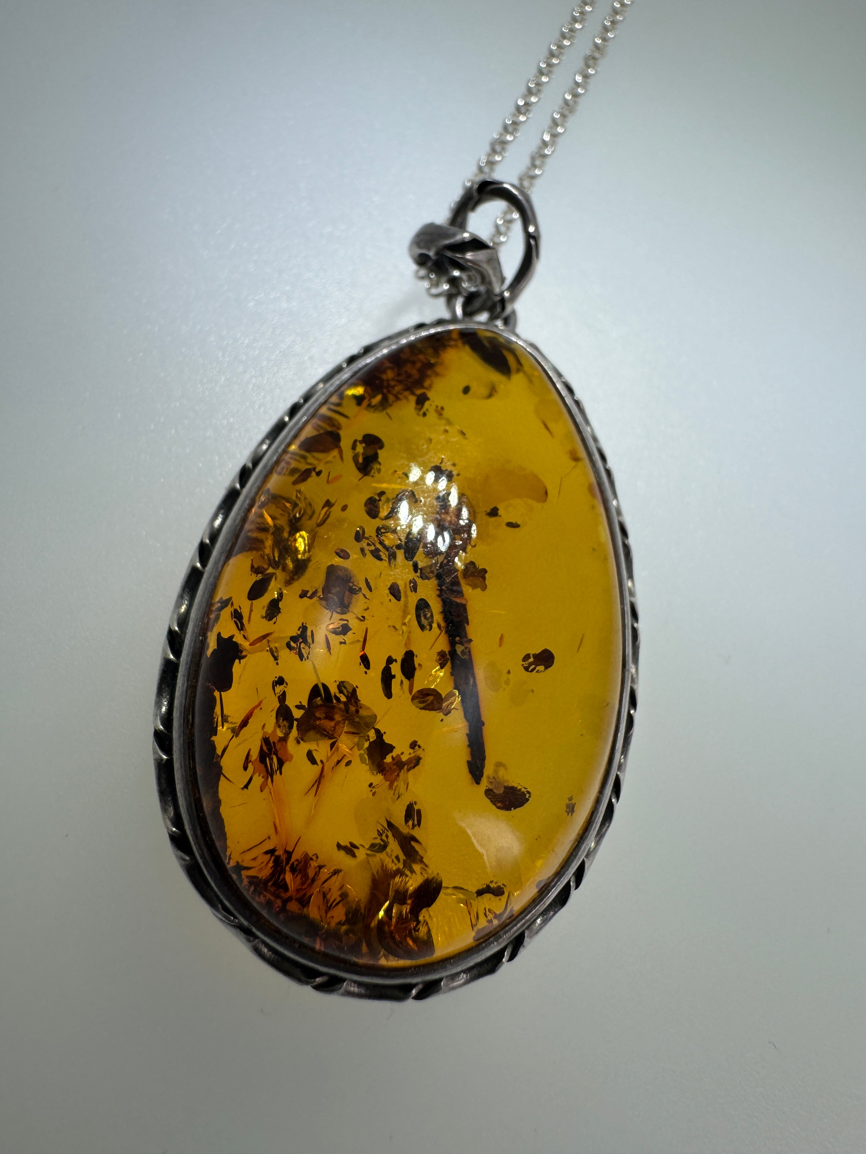 Oxidized Sterling Silver Cognac Baltic Amber Pendant Necklace – Antique Style with 18” Chain, Handmade in Poland