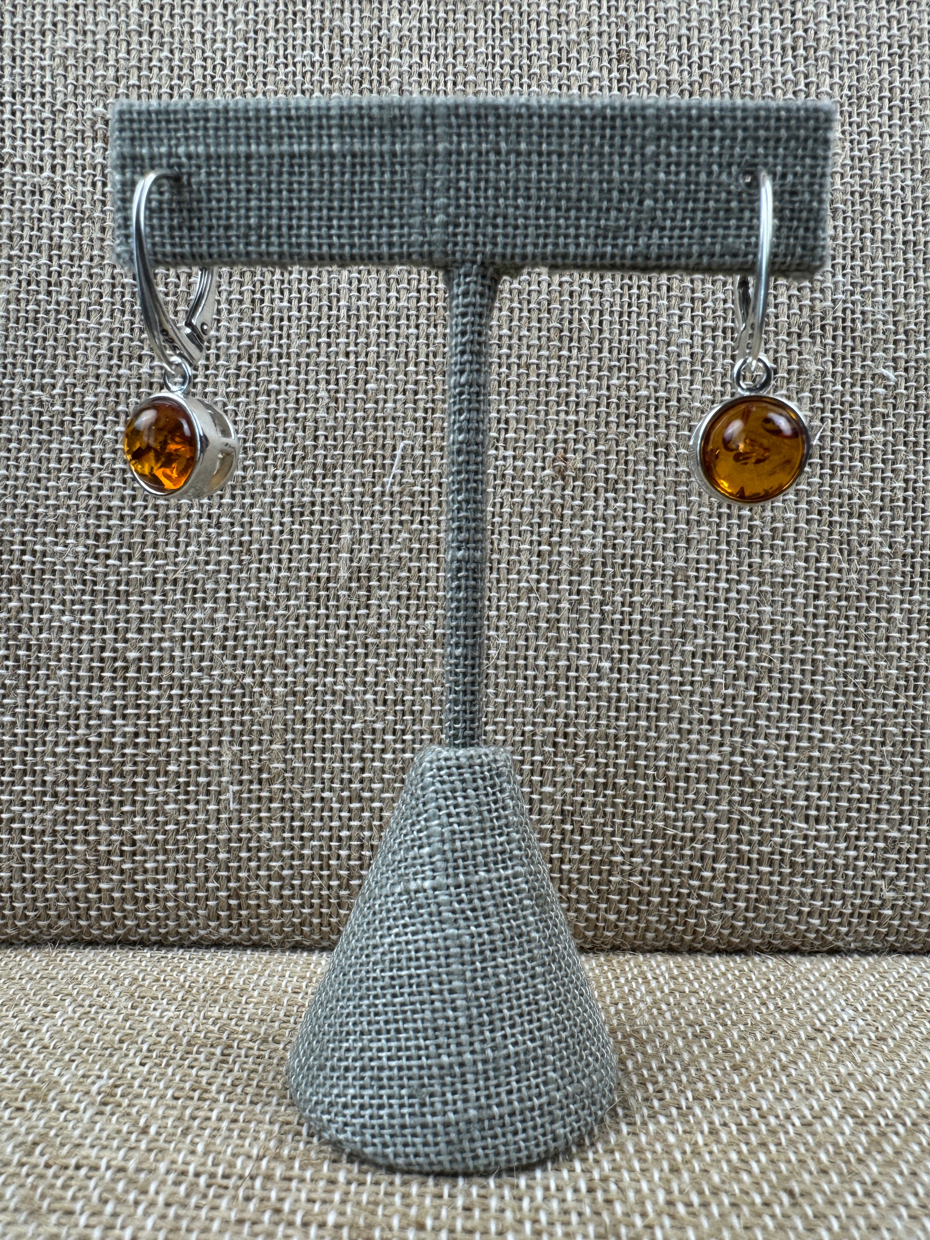 Modern Sterling Silver Dangle Earrings with Round Honey Baltic Amber – Lever Back Design
