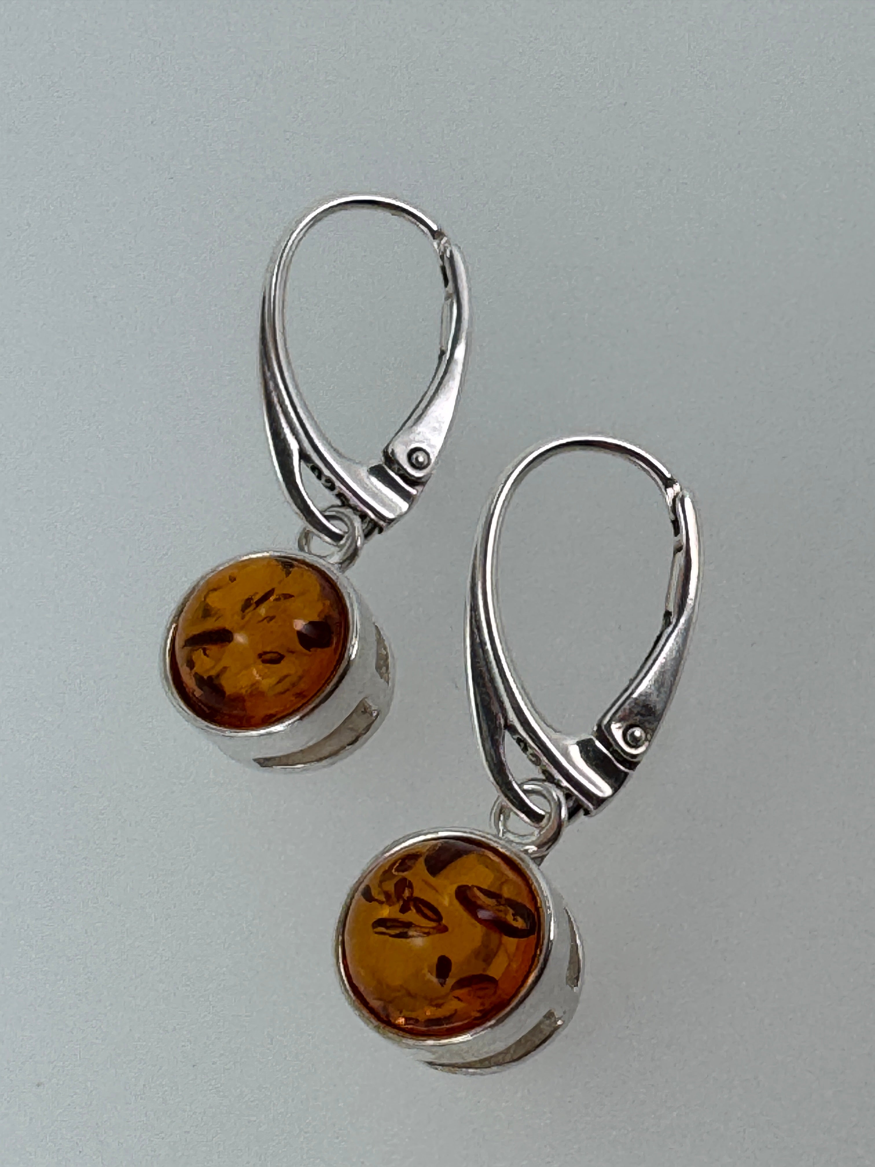 Modern Sterling Silver Dangle Earrings with Round Honey Baltic Amber – Lever Back Design