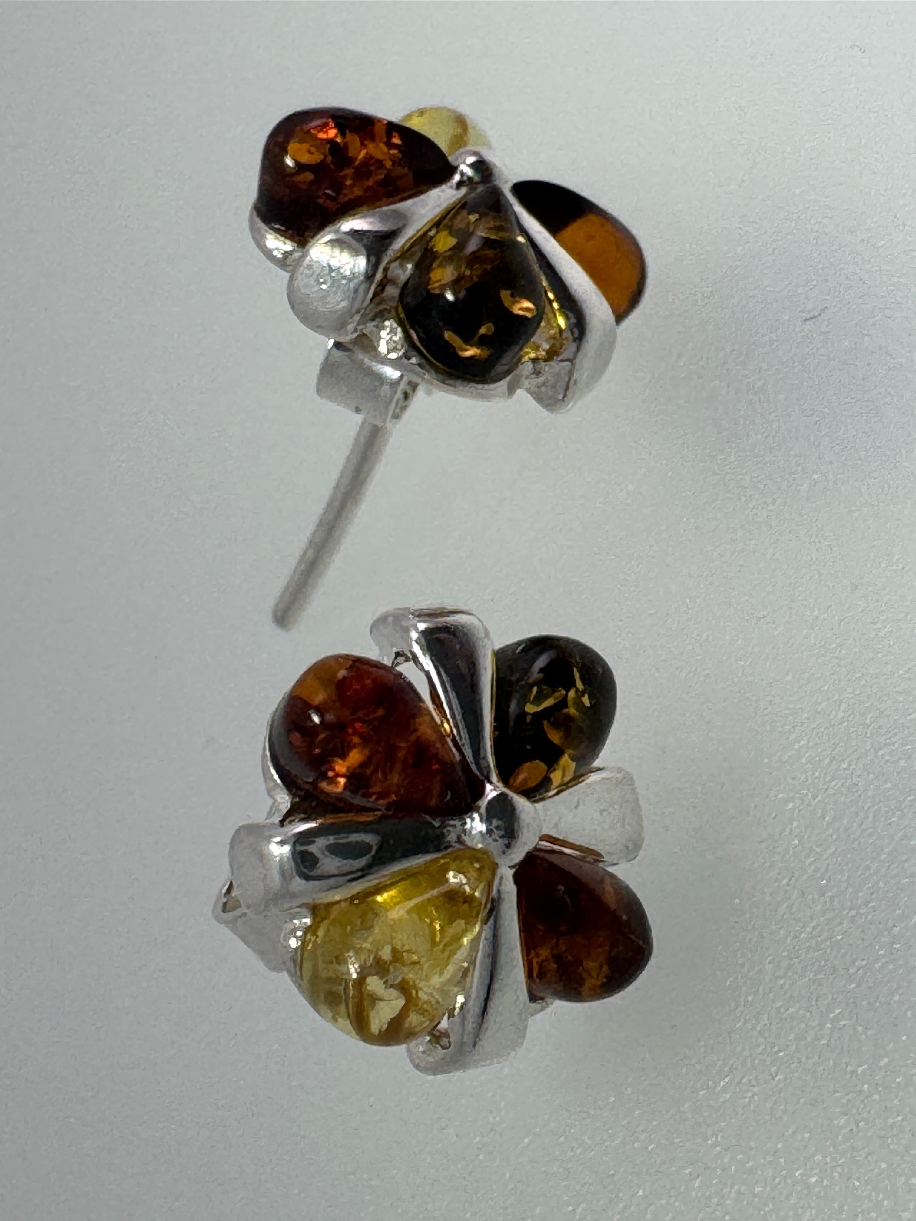 Sterling Silver Amber Trio Studs – Honey, Cognac & Lemon Amber Post Earrings (10mm) - Lightweight Everyday Post Earrings in Silver