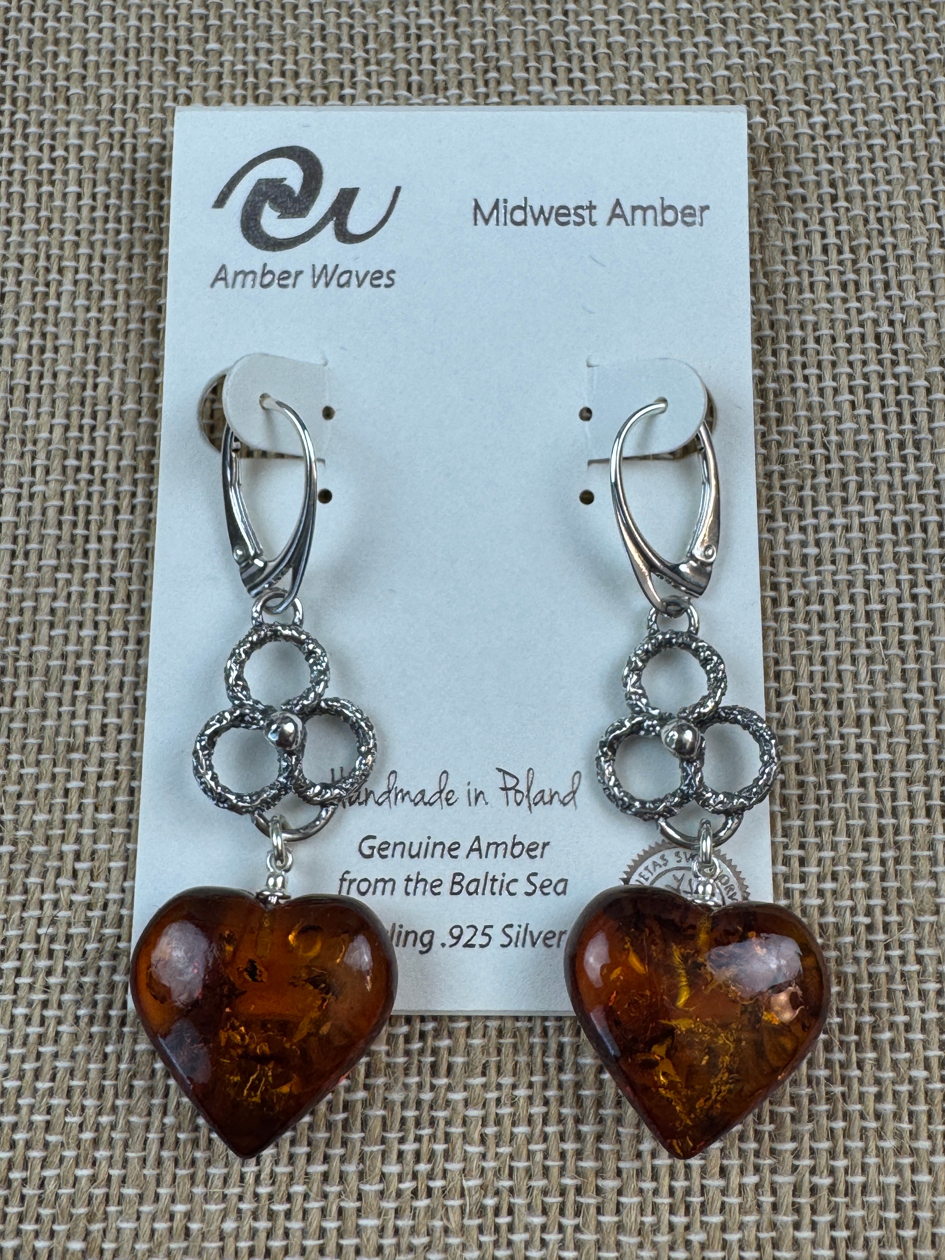 Handcrafted Oxidized Sterling Silver Leverback Earrings with 20mm Amber Hearts – Polish Artisan Jewelry