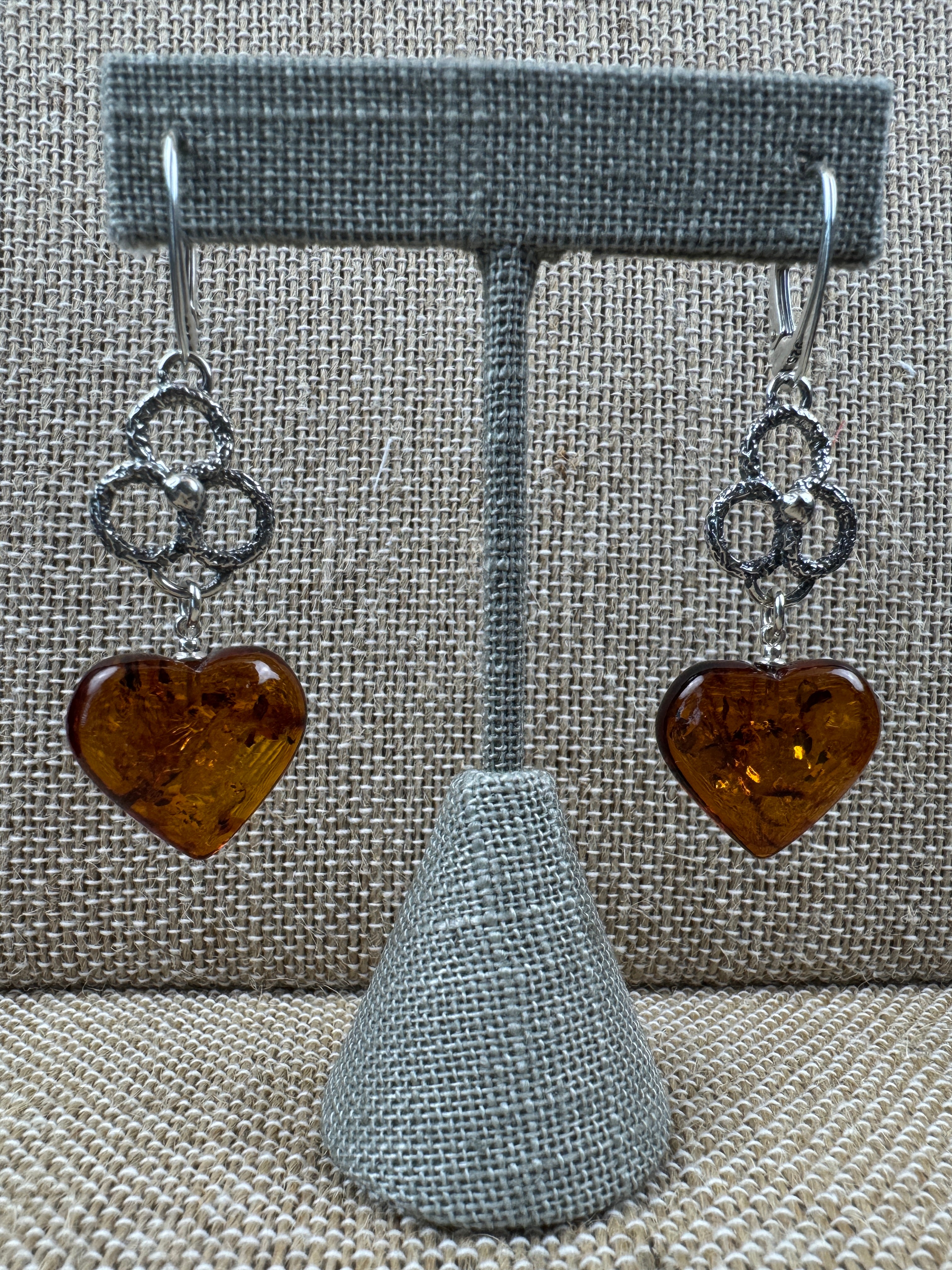 Handcrafted Oxidized Sterling Silver Leverback Earrings with 20mm Amber Hearts – Polish Artisan Jewelry