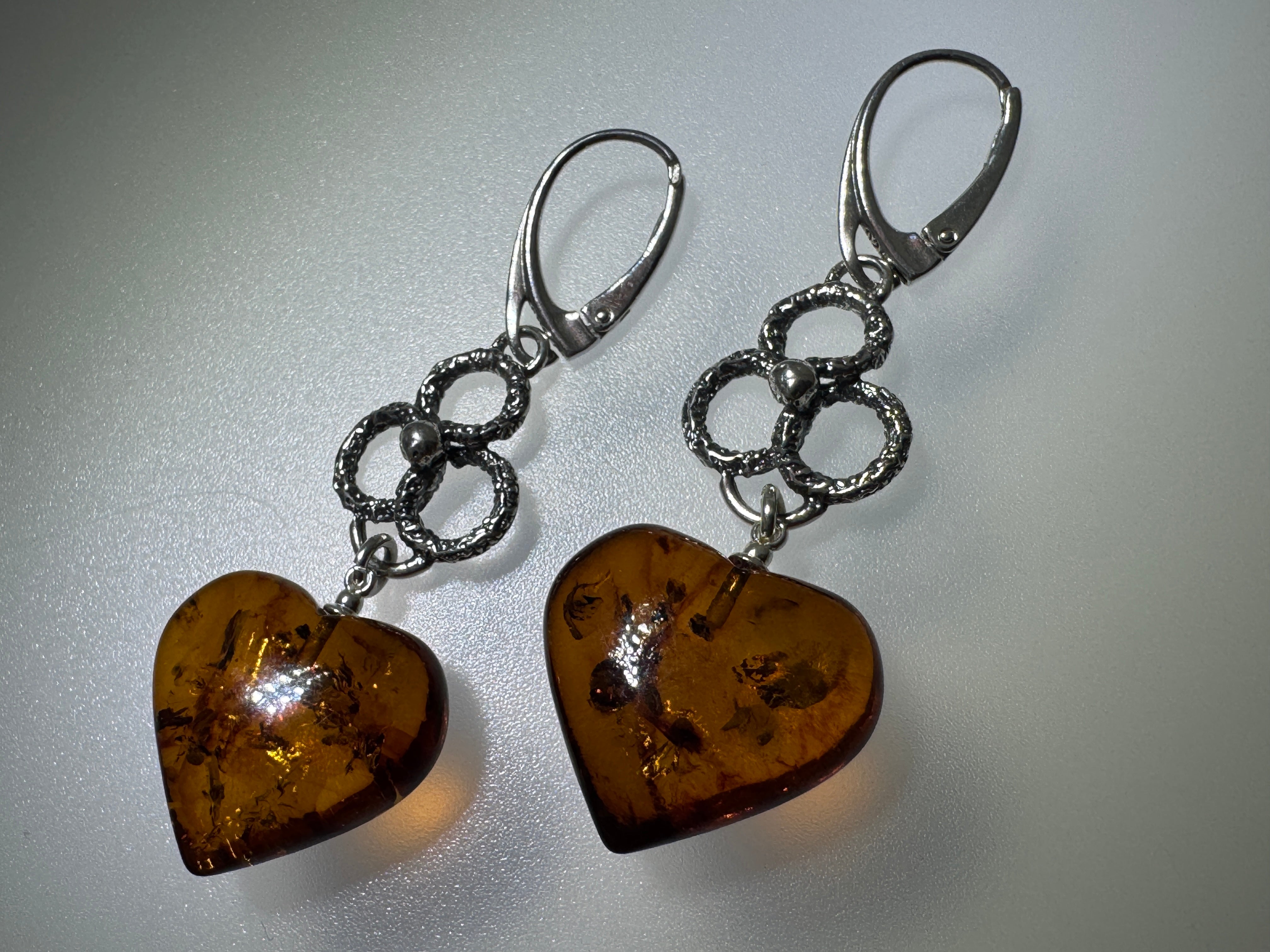 Handcrafted Oxidized Sterling Silver Leverback Earrings with 20mm Amber Hearts – Polish Artisan Jewelry