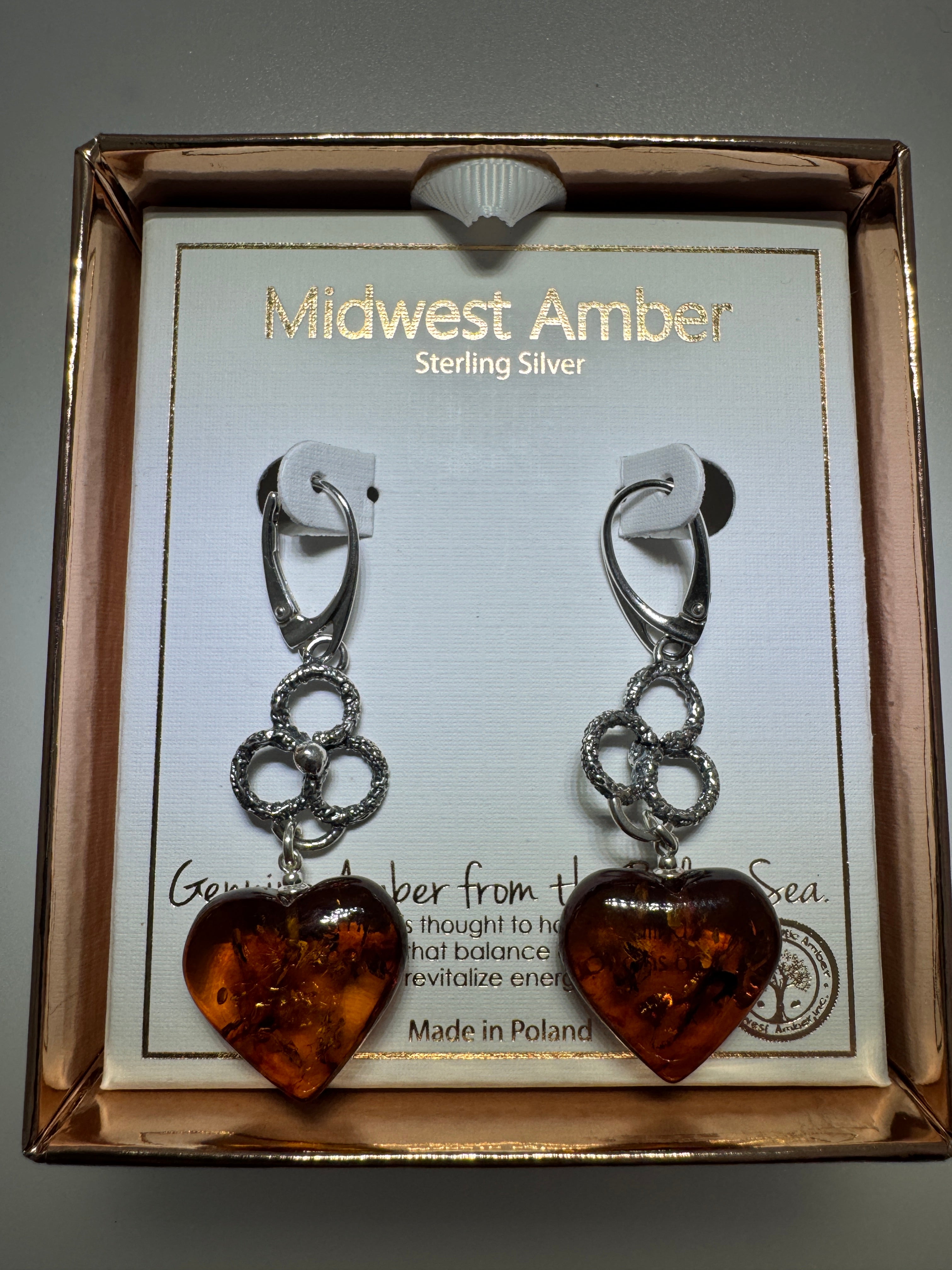 Handcrafted Oxidized Sterling Silver Leverback Earrings with 20mm Amber Hearts – Polish Artisan Jewelry