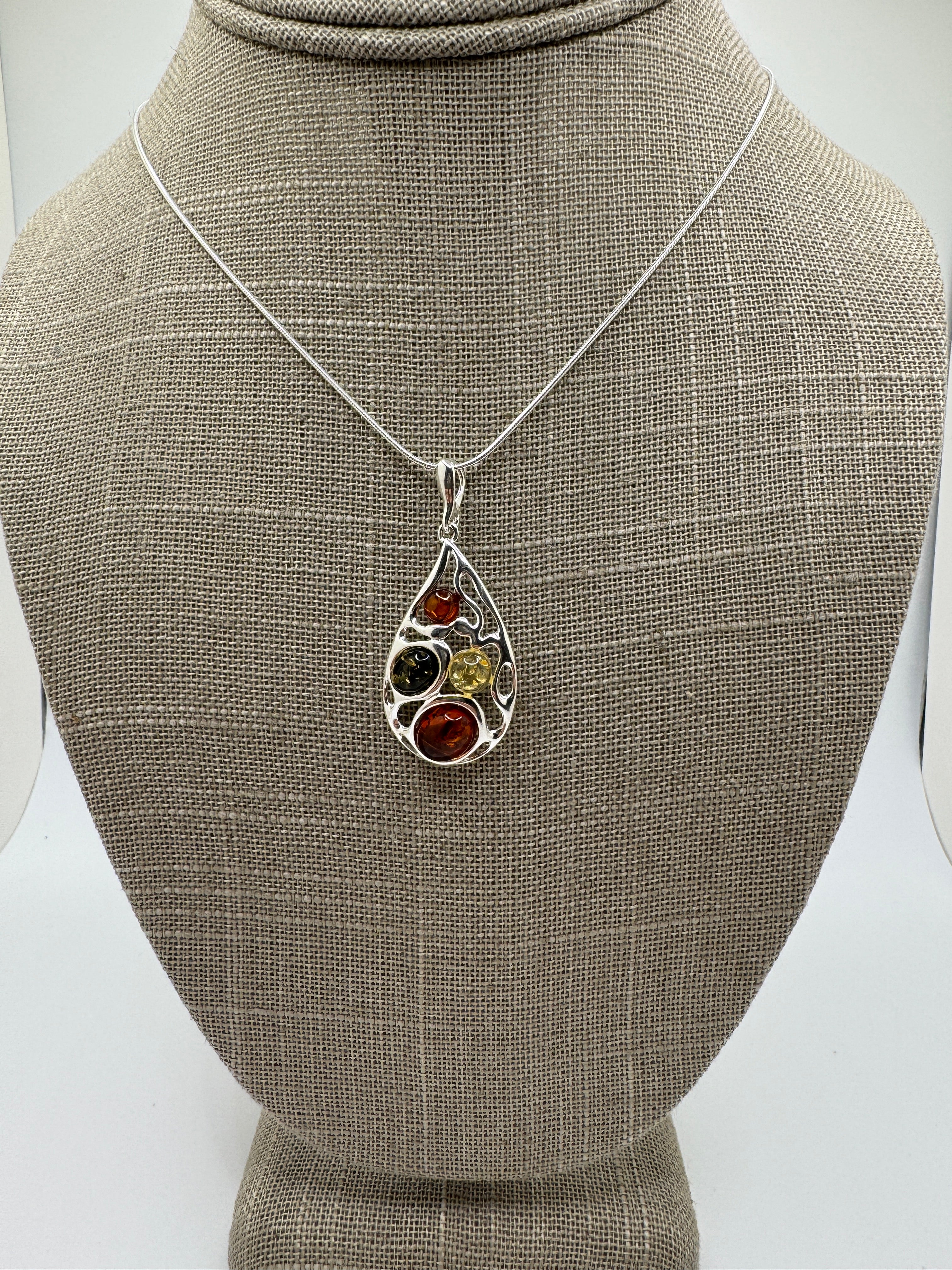 Handmade Sterling Silver Baltic Amber Filigree Pendant | Multicolor or Cognac Amber