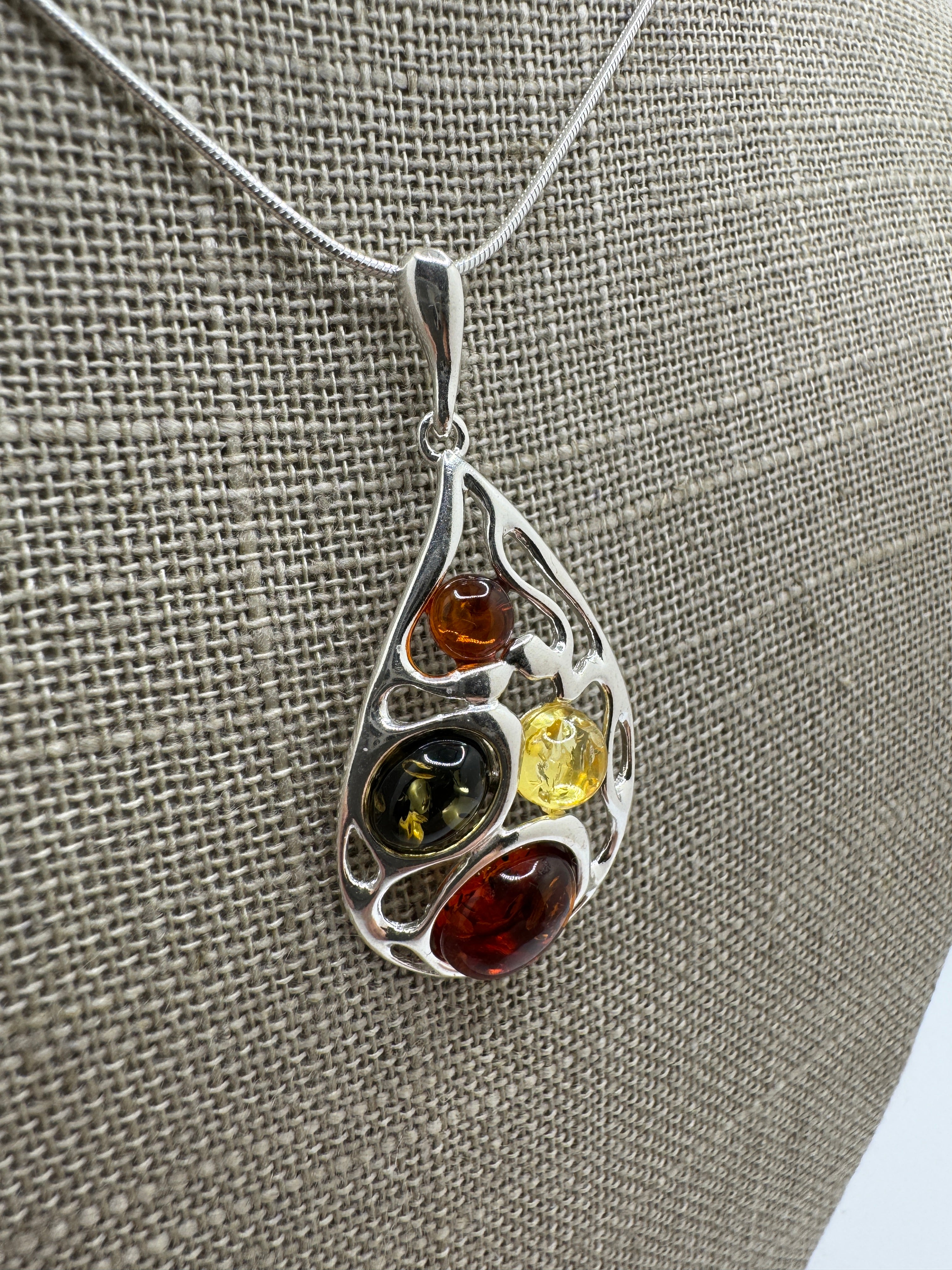 Handmade Sterling Silver Baltic Amber Filigree Pendant | Multicolor or Cognac Amber