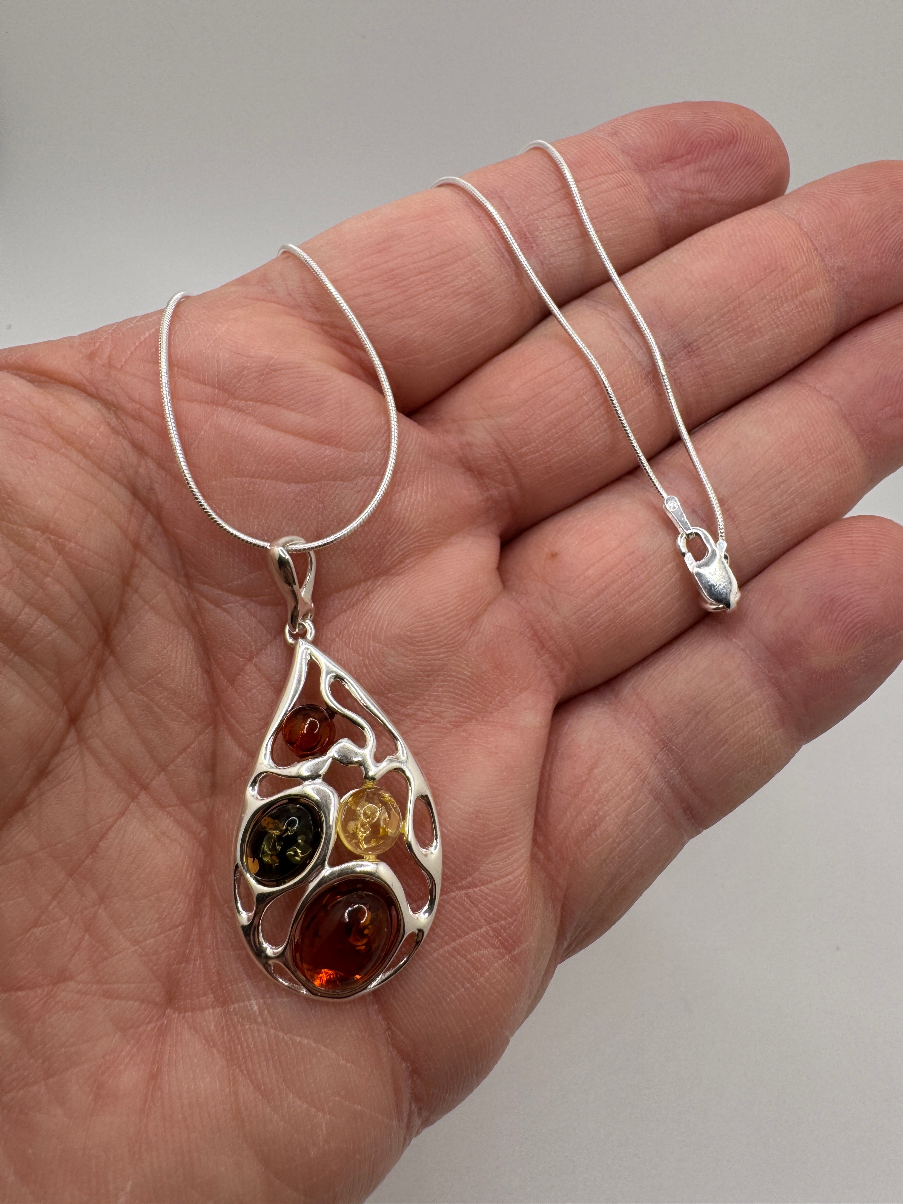 Handmade Sterling Silver Baltic Amber Filigree Pendant | Multicolor or Cognac Amber