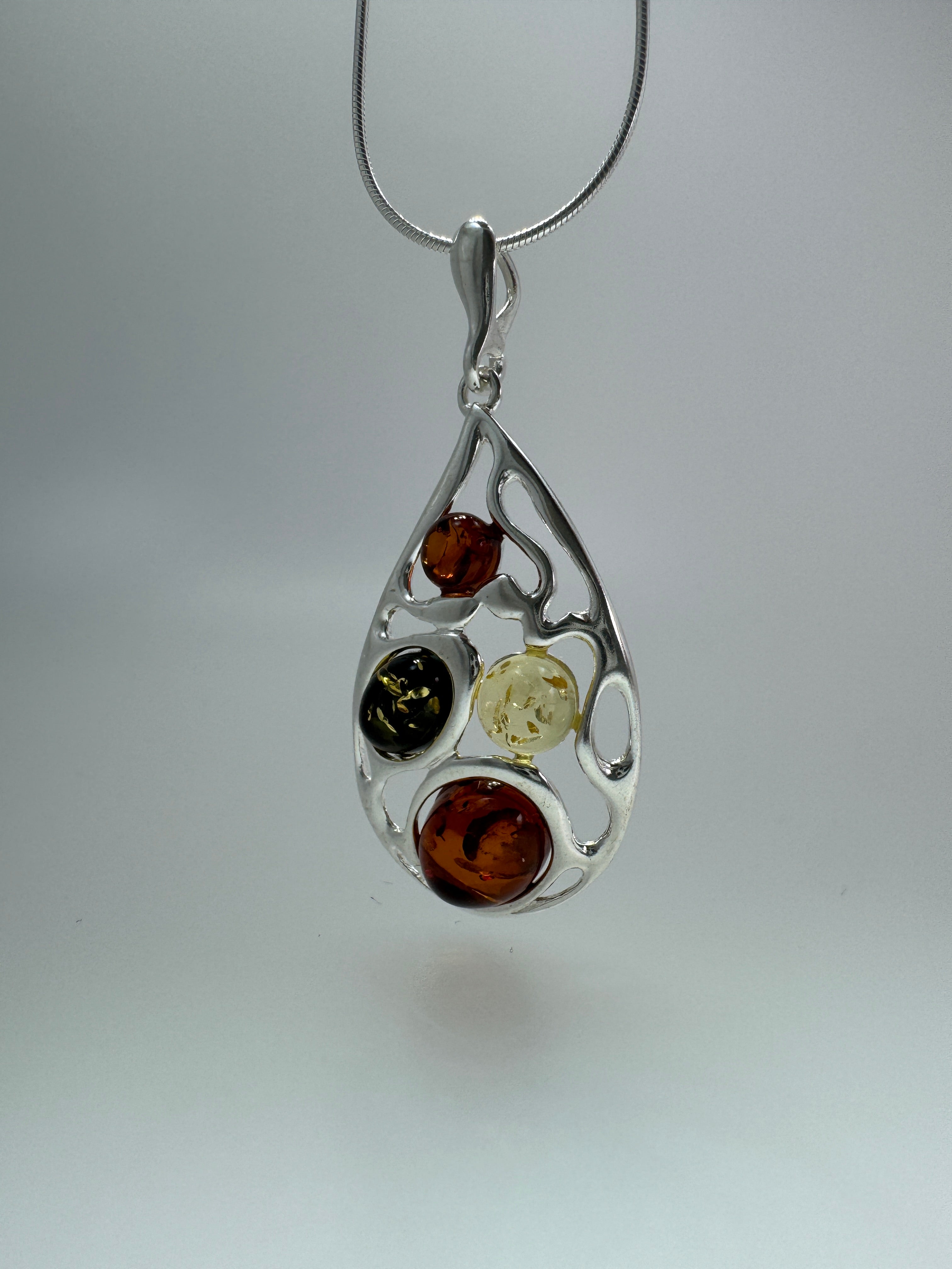 Handmade Sterling Silver Baltic Amber Filigree Pendant | Multicolor or Cognac Amber
