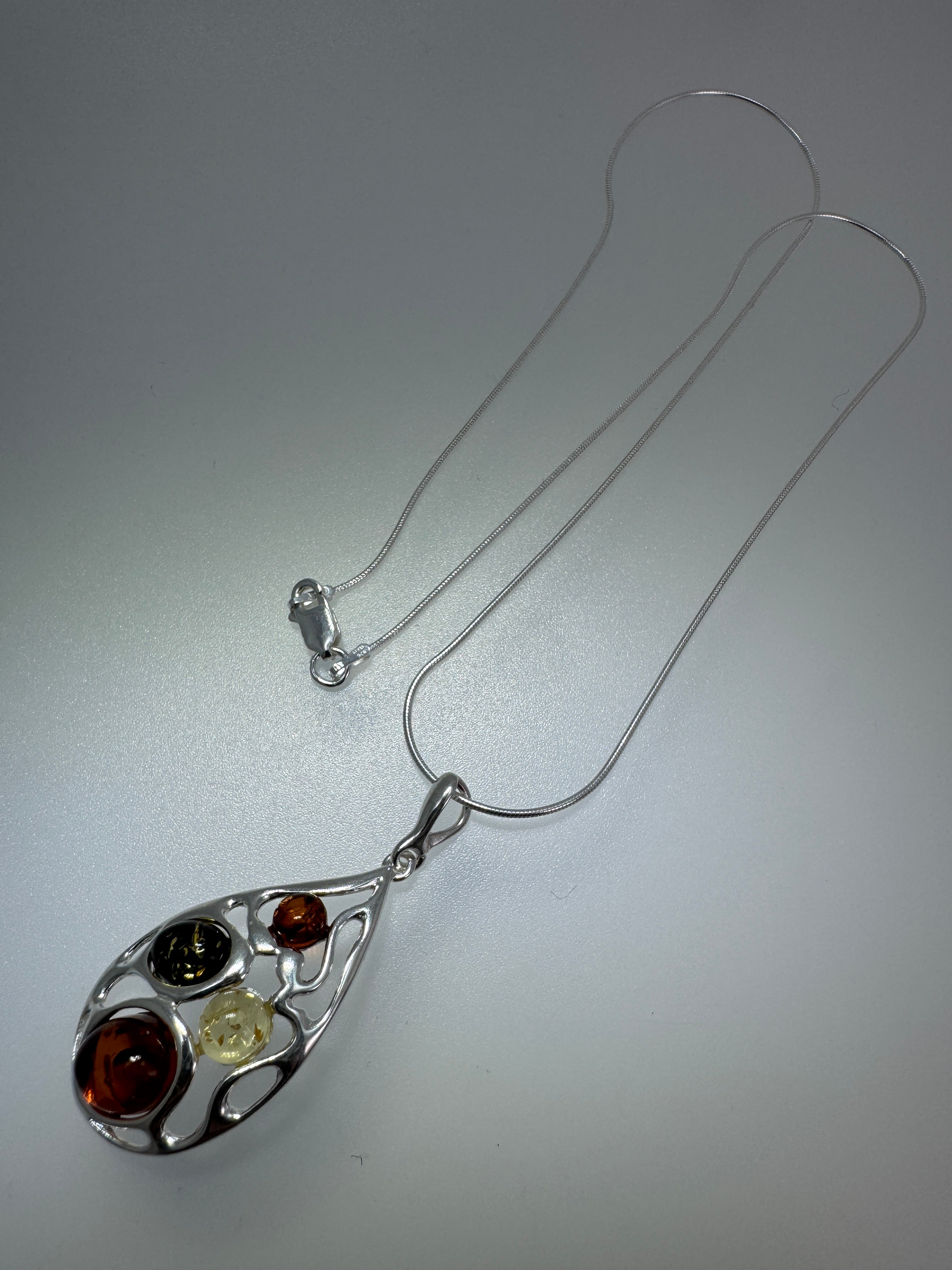 Handmade Sterling Silver Baltic Amber Filigree Pendant | Multicolor or Cognac Amber