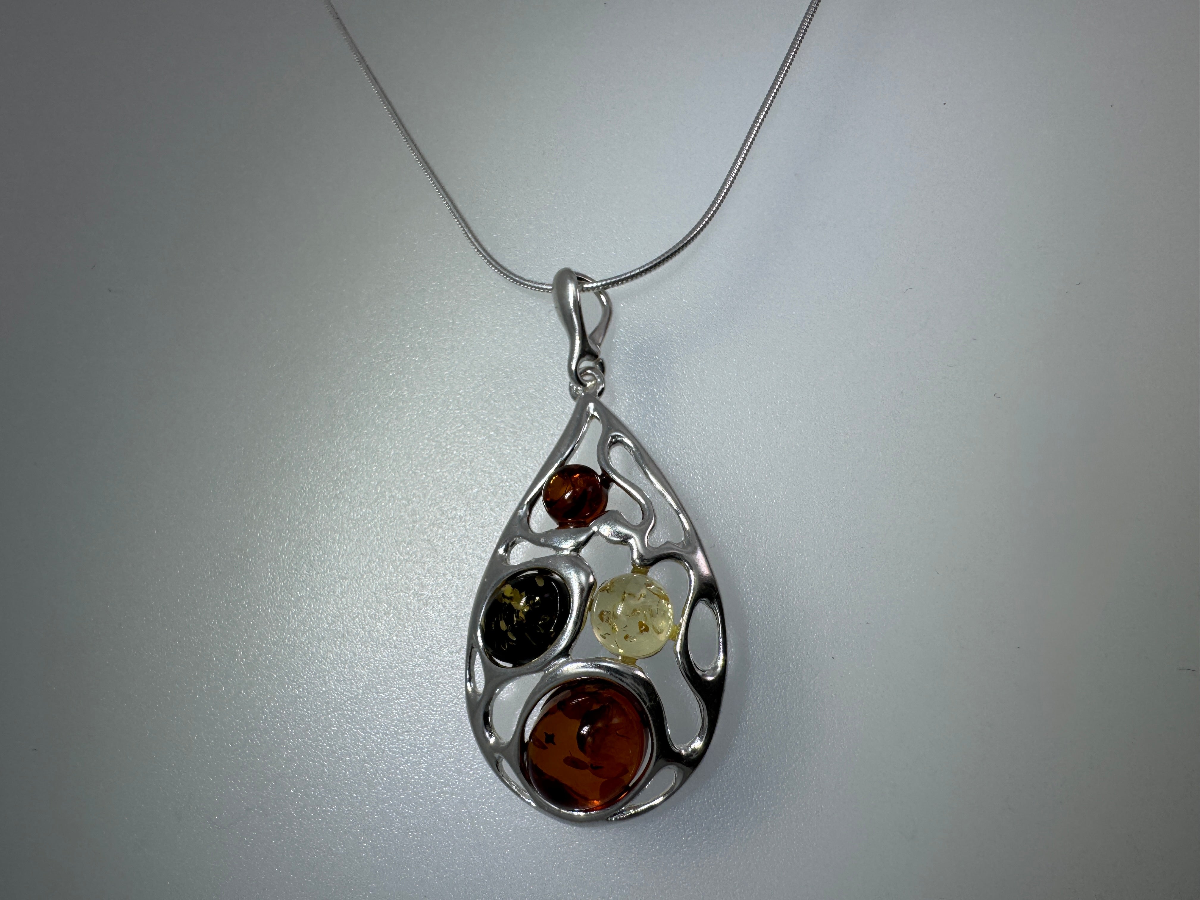 Handmade Sterling Silver Baltic Amber Filigree Pendant | Multicolor or Cognac Amber