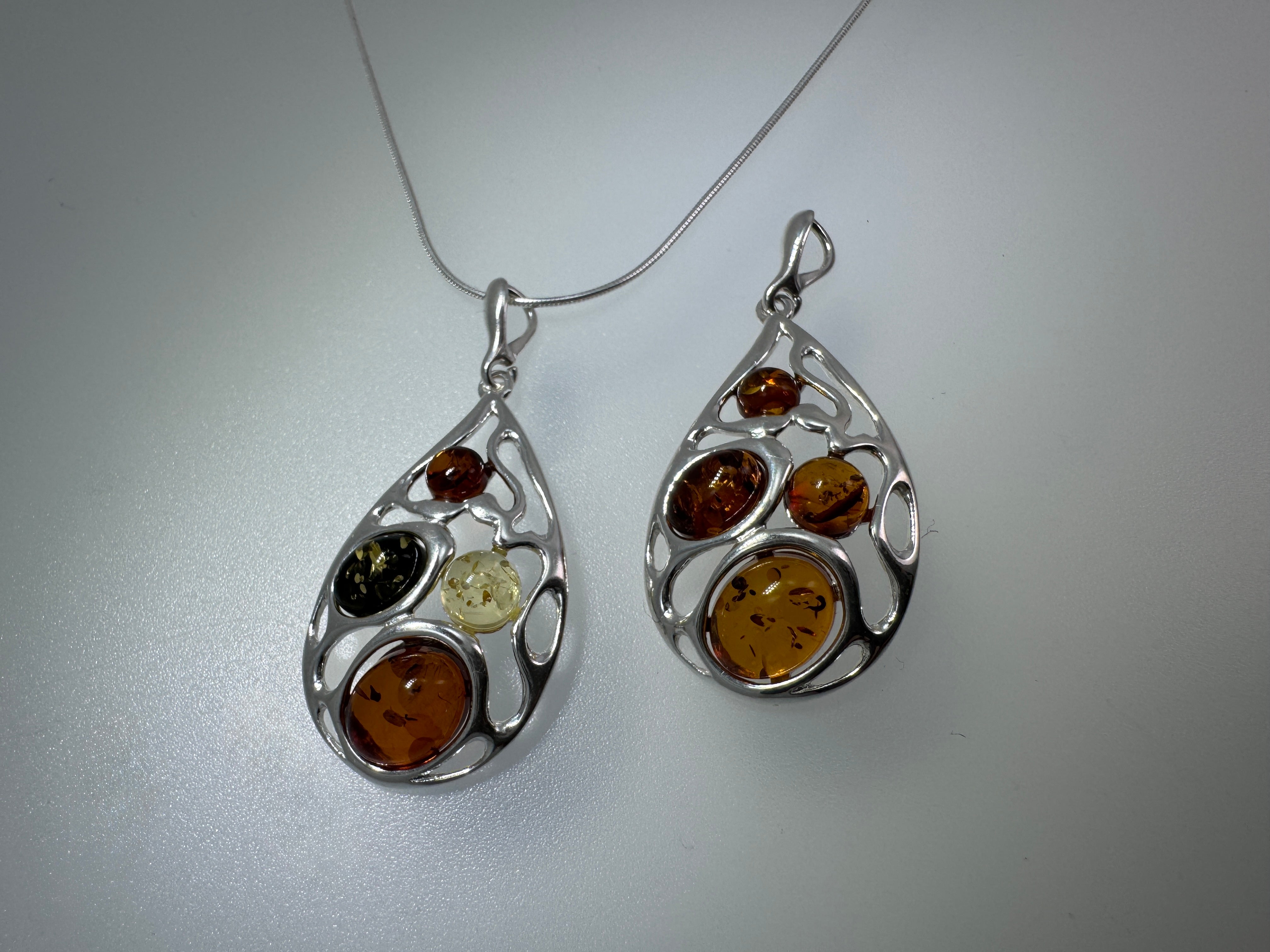 Handmade Sterling Silver Baltic Amber Filigree Pendant | Multicolor or Cognac Amber