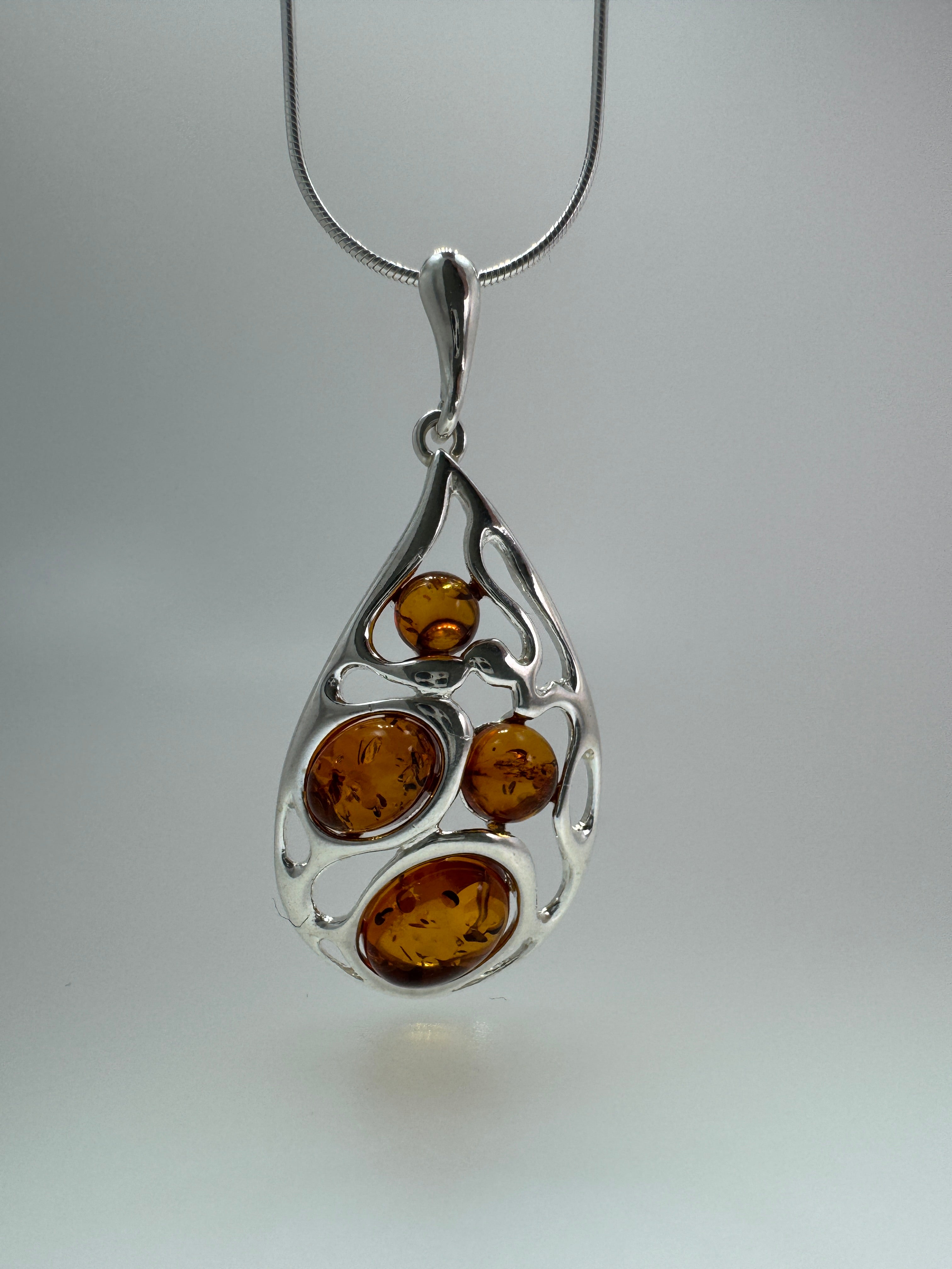 Handmade Sterling Silver Baltic Amber Filigree Pendant | Multicolor or Cognac Amber