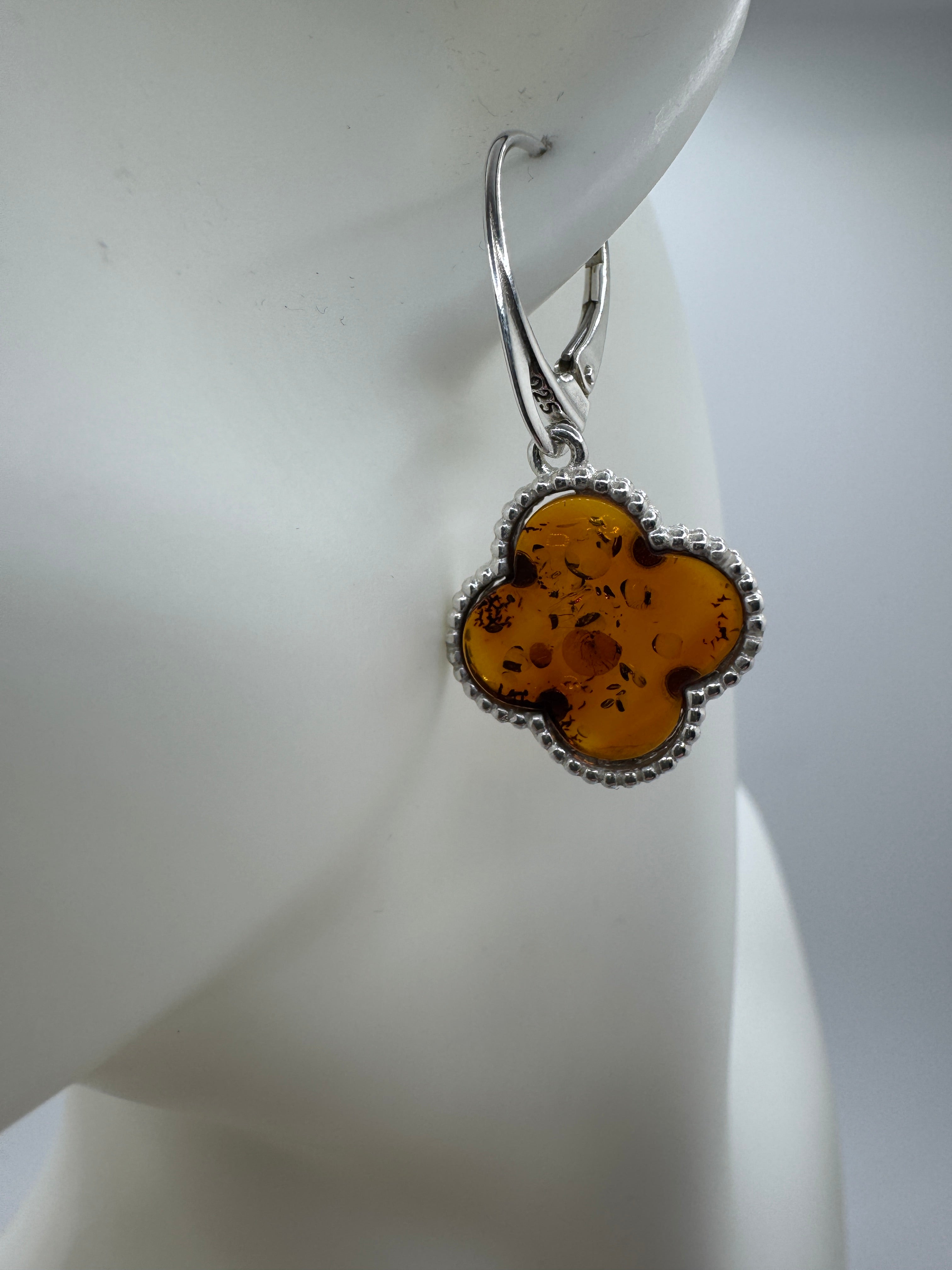 Handmade Sterling Silver Baltic Amber Clover Necklace & Earrings Set | Cognac Amber Jewelry from Poland