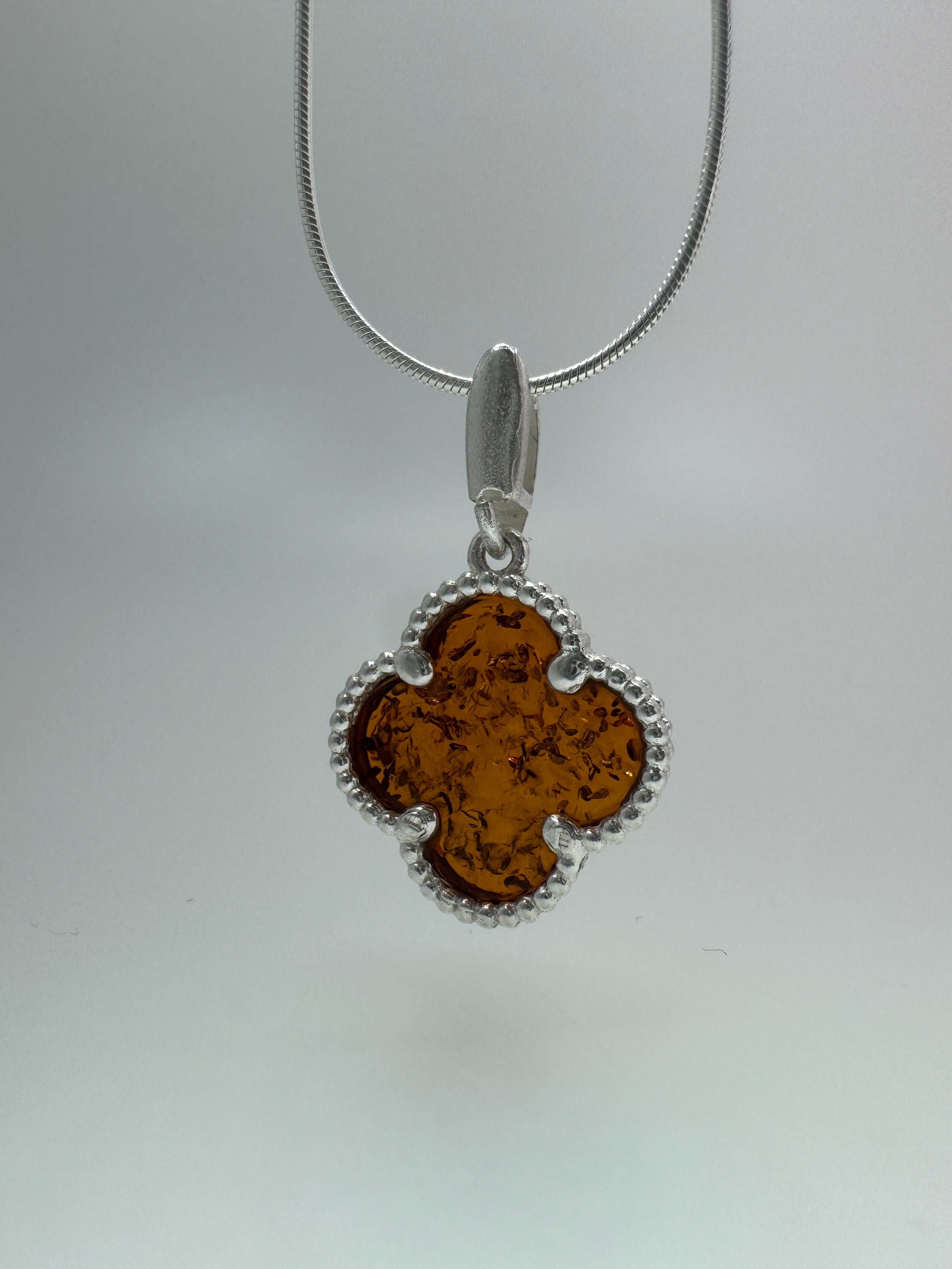 Handmade Sterling Silver Baltic Amber Clover Necklace & Earrings Set | Cognac Amber Jewelry from Poland