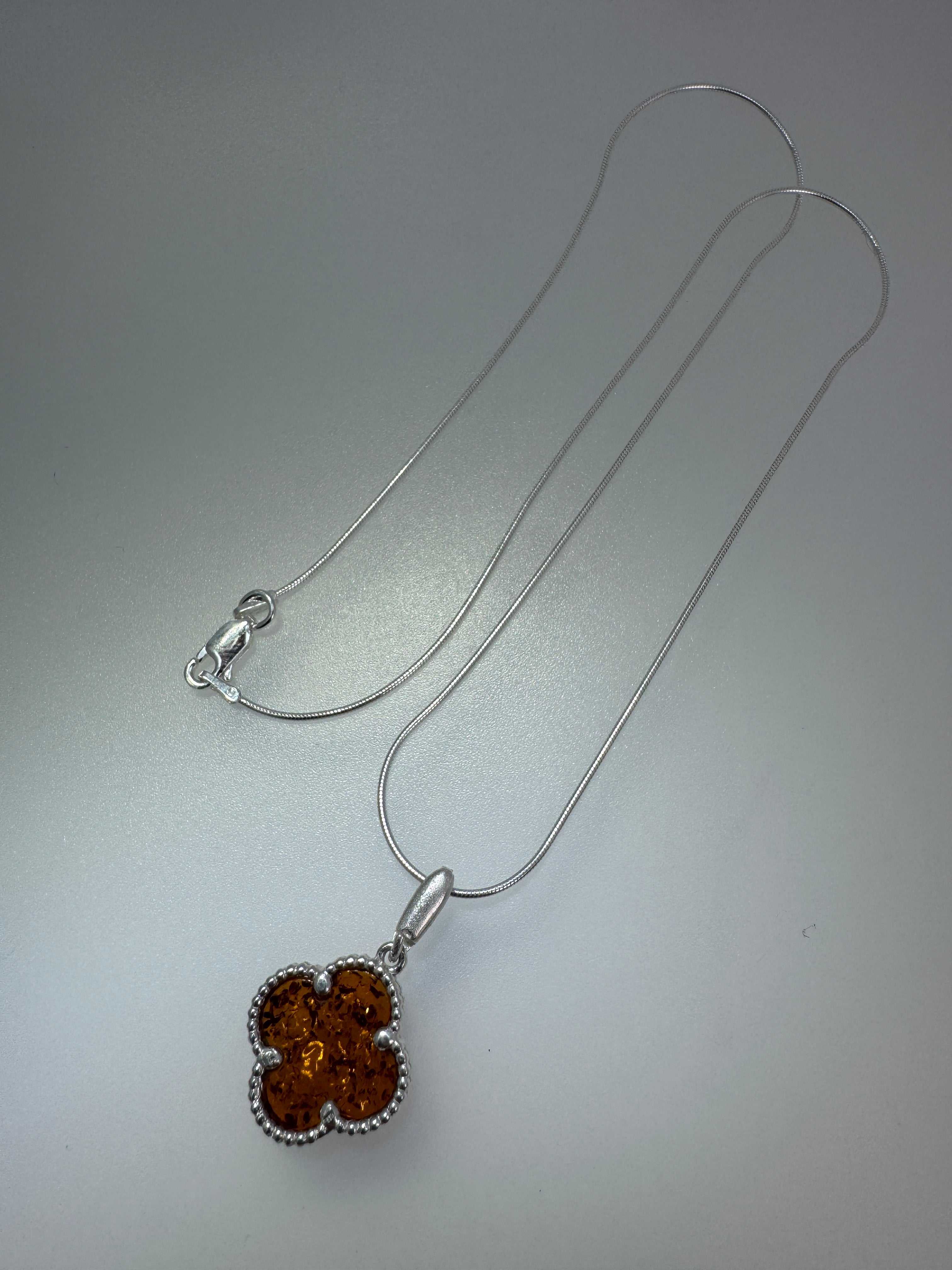 Handmade Sterling Silver Baltic Amber Clover Necklace & Earrings Set | Cognac Amber Jewelry from Poland