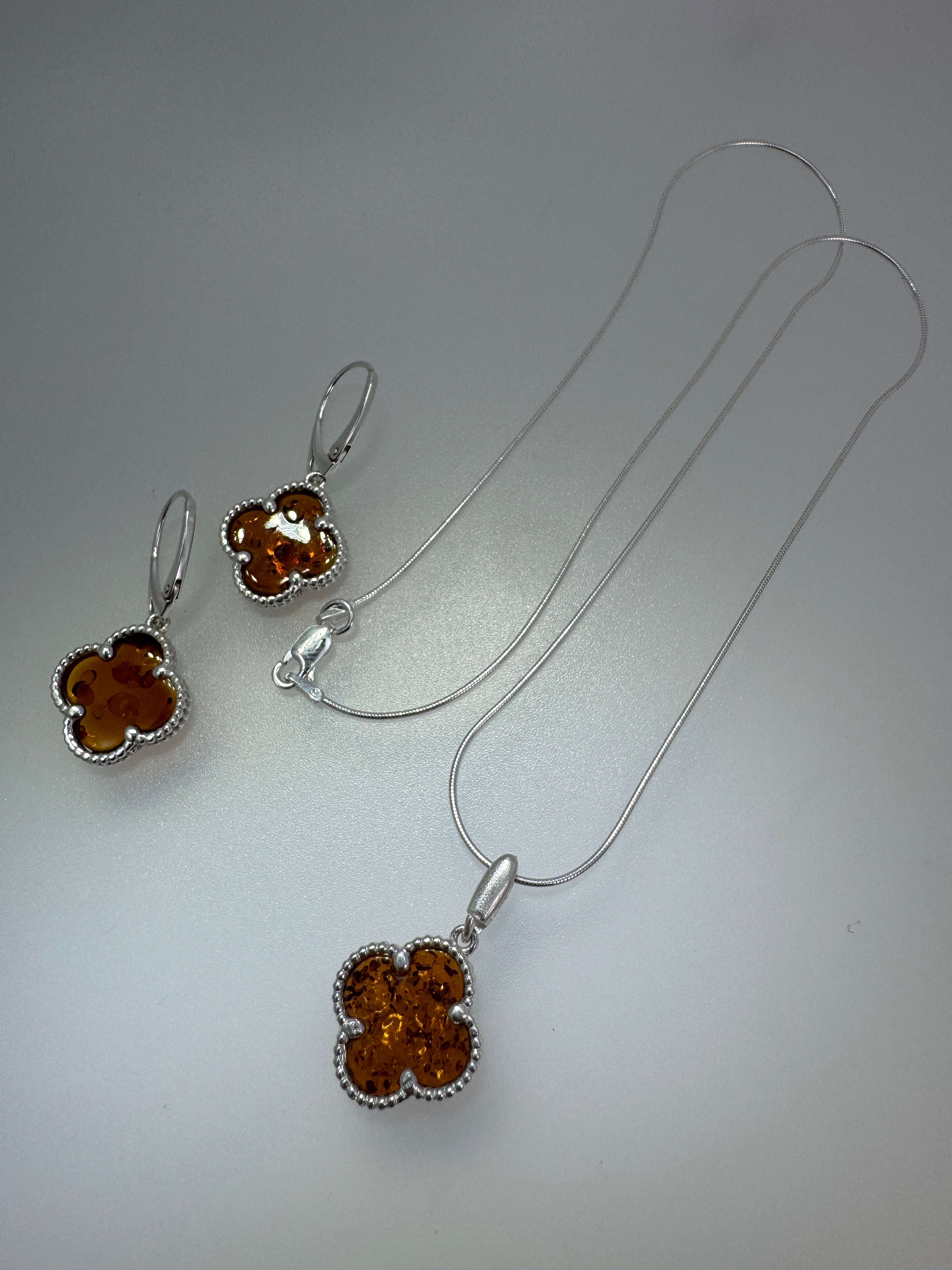 Handmade Sterling Silver Baltic Amber Clover Necklace & Earrings Set | Cognac Amber Jewelry from Poland