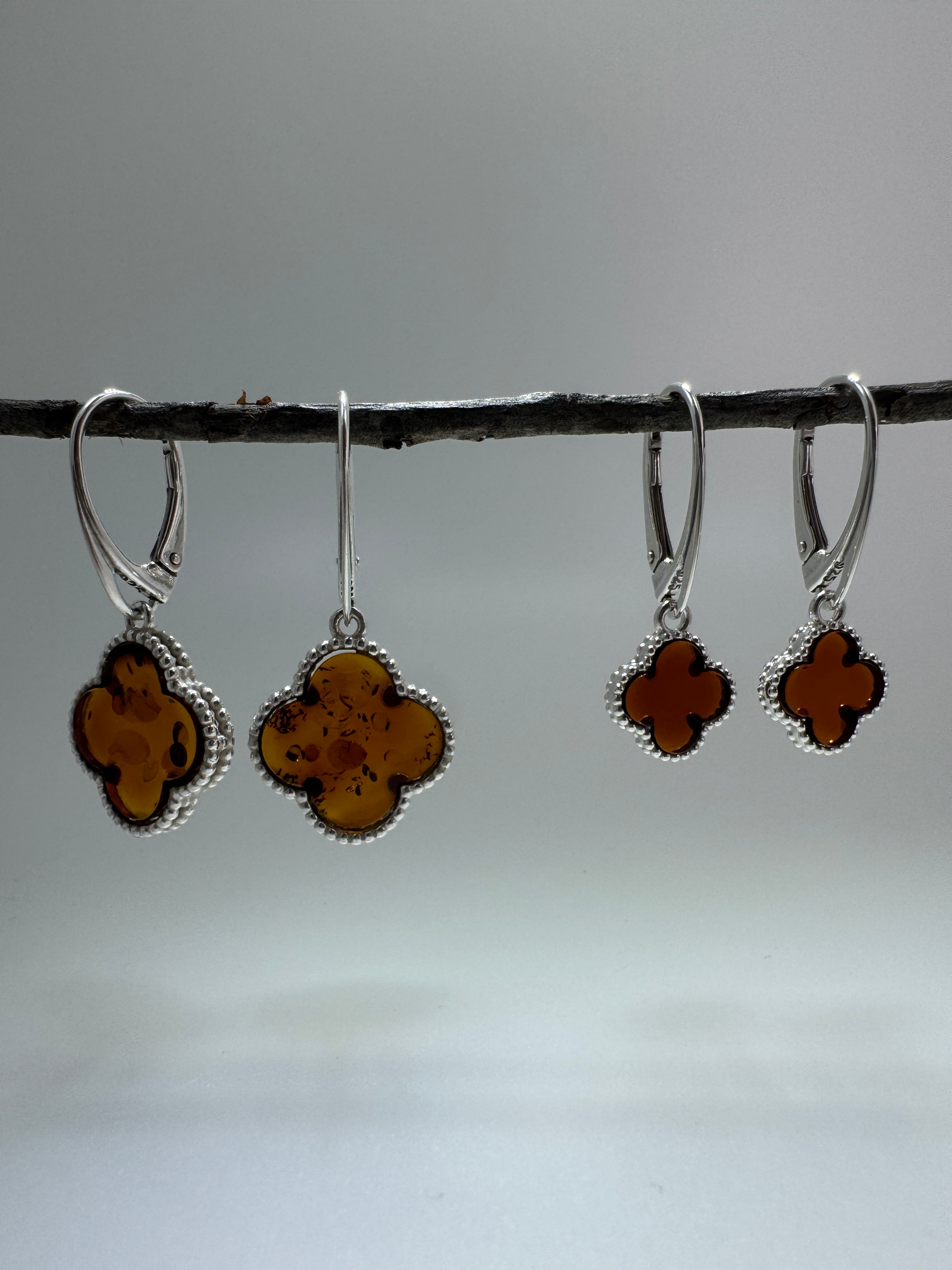 Handmade Sterling Silver Baltic Amber Clover Necklace & Earrings Set | Cognac Amber Jewelry from Poland