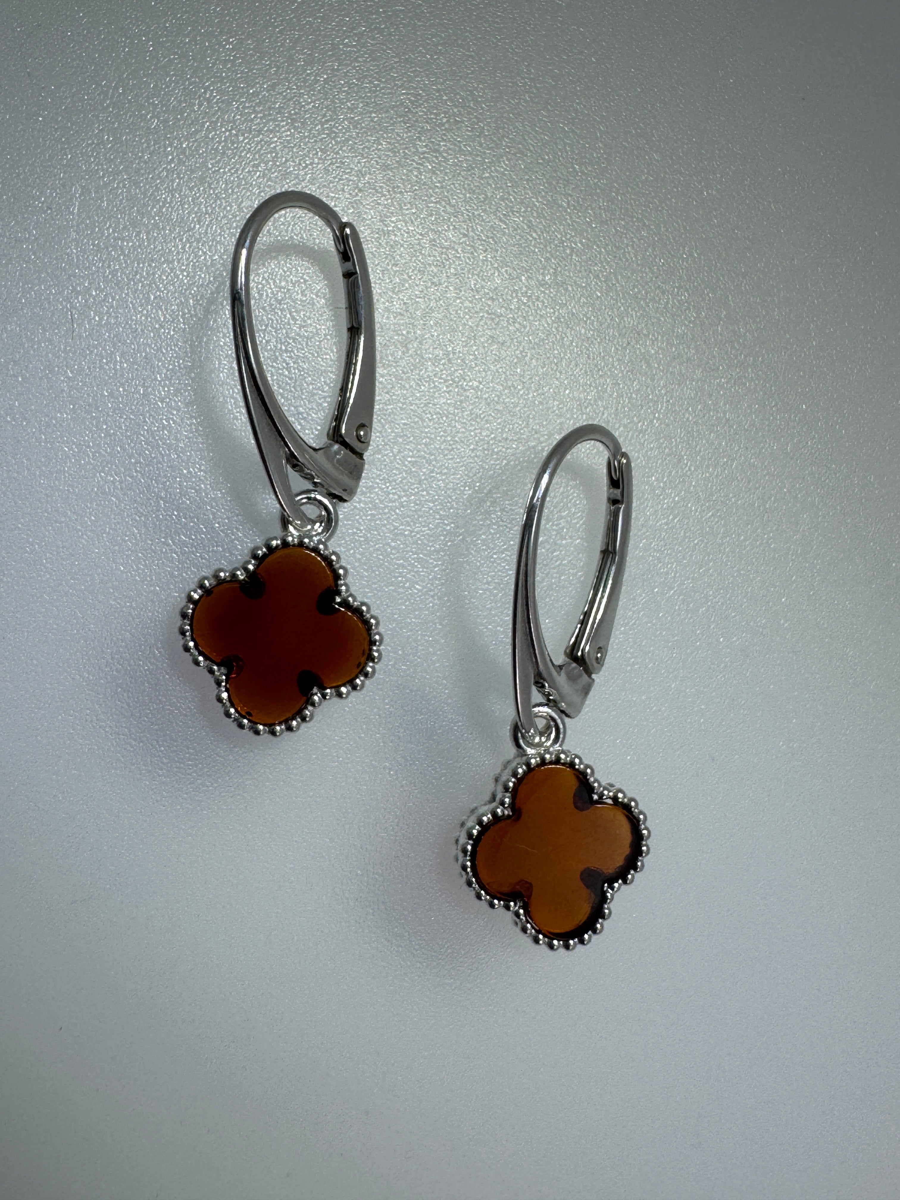 Handmade Sterling Silver Baltic Amber Clover Necklace & Earrings Set | Cognac Amber Jewelry from Poland