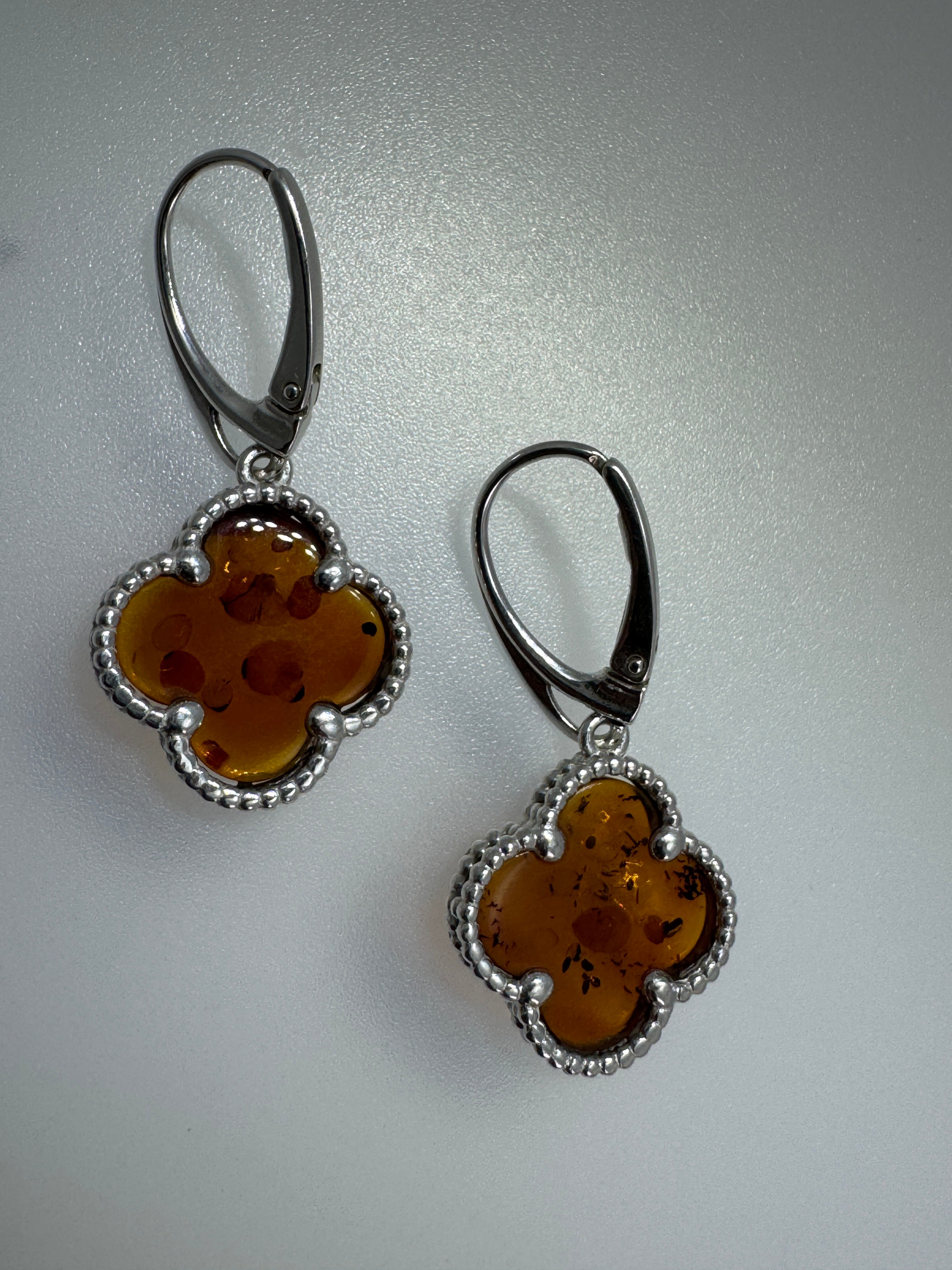 Handmade Sterling Silver Baltic Amber Clover Necklace & Earrings Set | Cognac Amber Jewelry from Poland