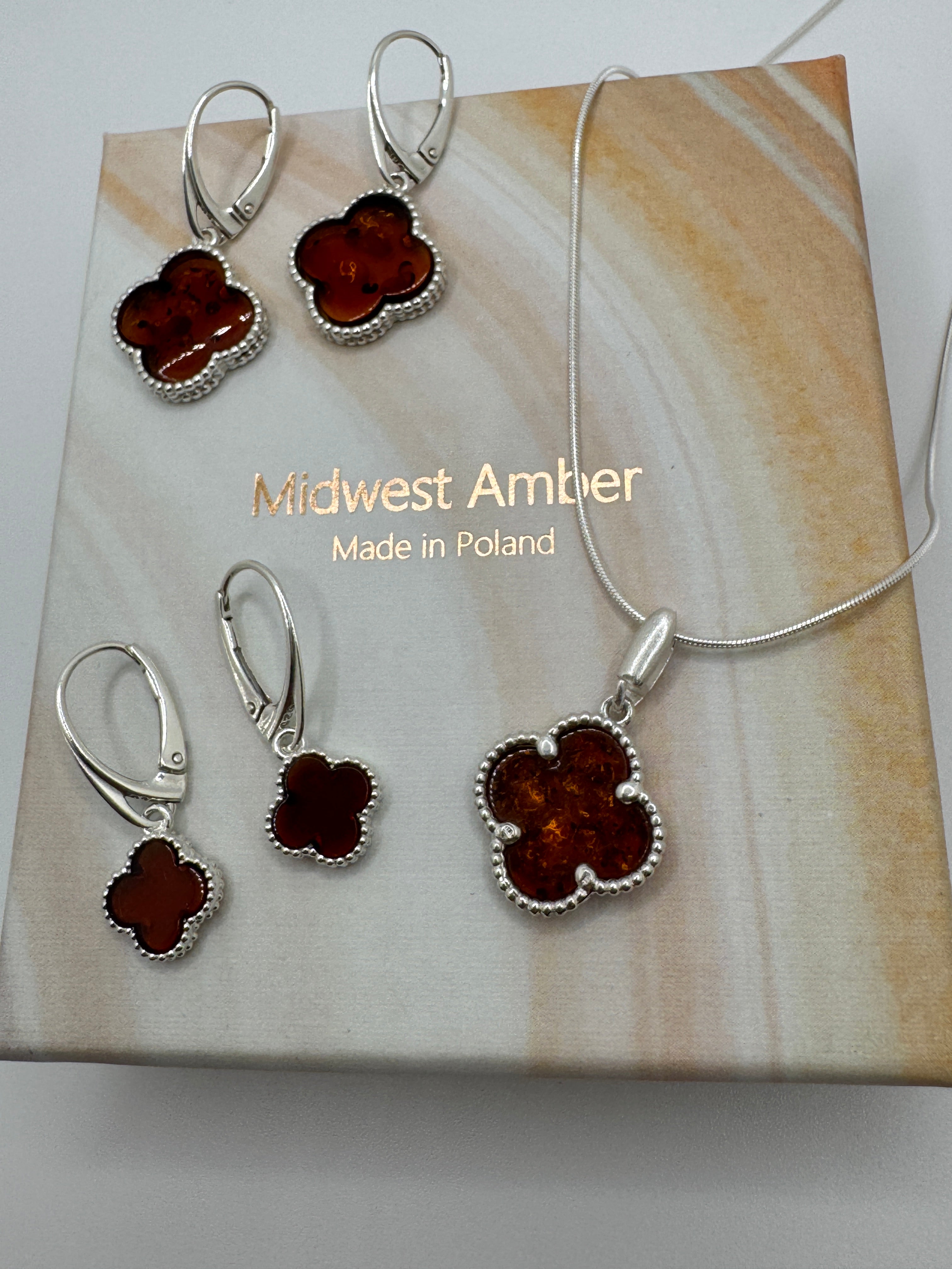 Handmade Sterling Silver Baltic Amber Clover Necklace & Earrings Set | Cognac Amber Jewelry from Poland