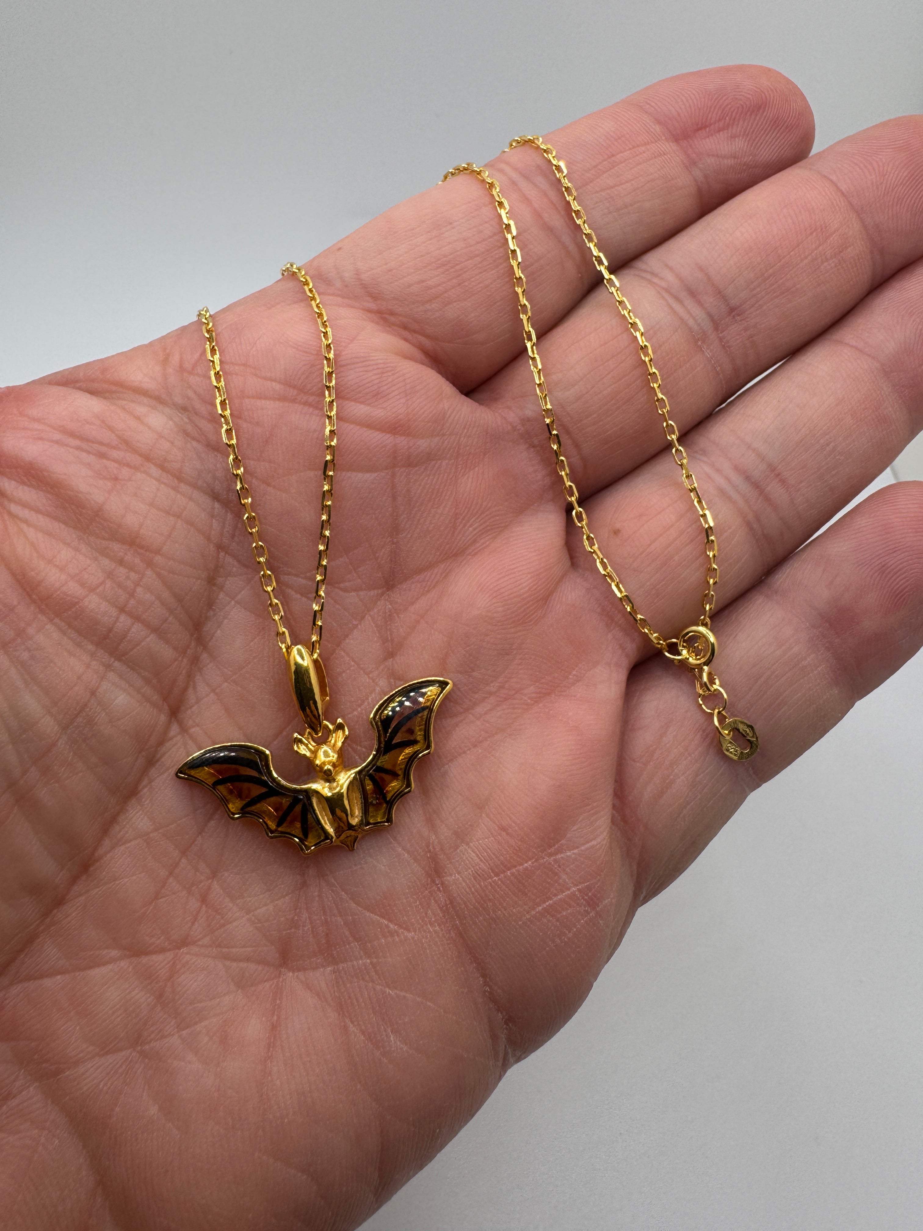 Gold Plated Sterling Silver Baltic Amber Bat Pendant Necklace | Handmade in Poland | Cognac Amber Wings Etched Detail