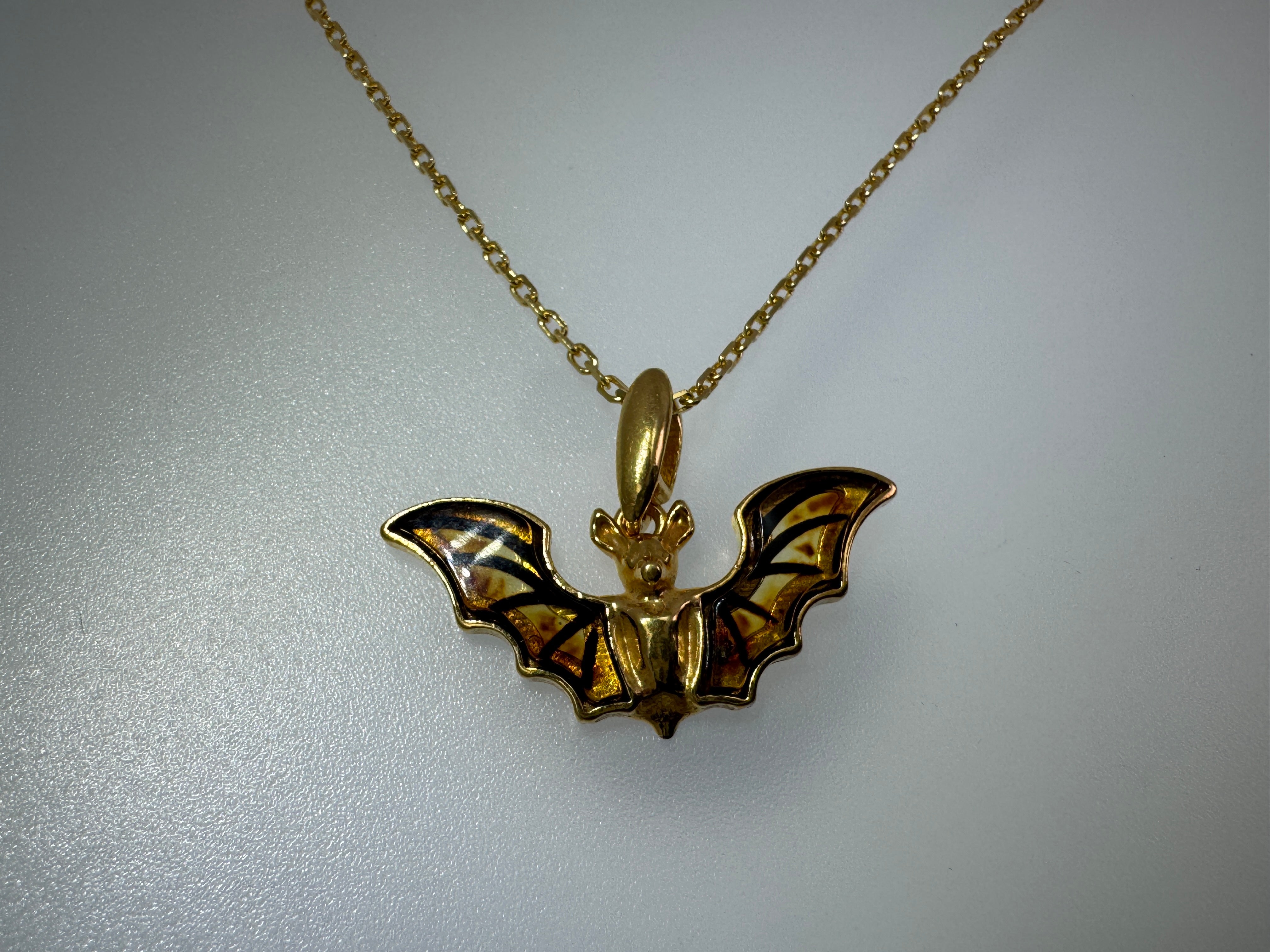Gold Plated Sterling Silver Baltic Amber Bat Pendant Necklace | Handmade in Poland | Cognac Amber Wings Etched Detail
