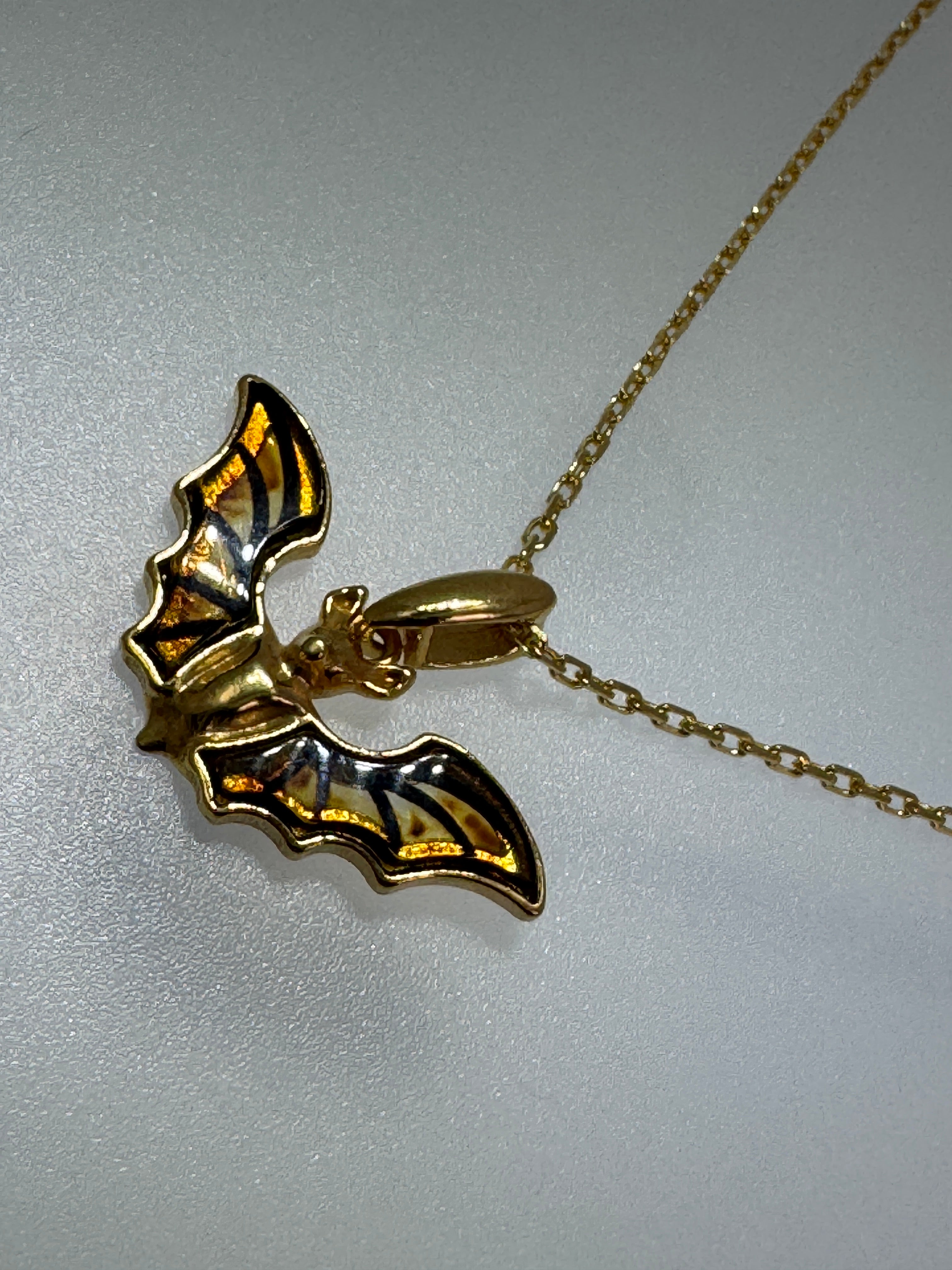 Gold Plated Sterling Silver Baltic Amber Bat Pendant Necklace | Handmade in Poland | Cognac Amber Wings Etched Detail