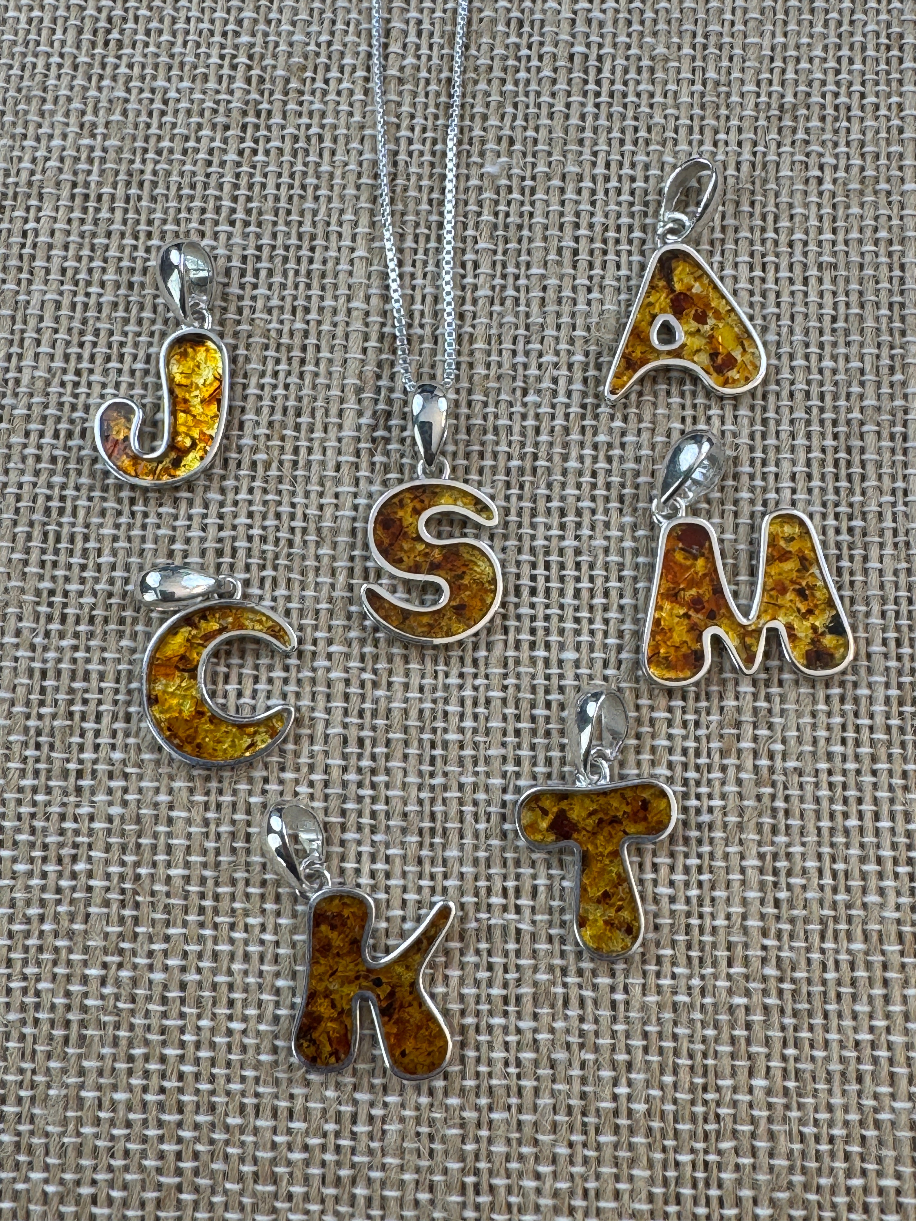 Sterling Silver & Baltic Amber Initial Pendants – Personalized Elegance