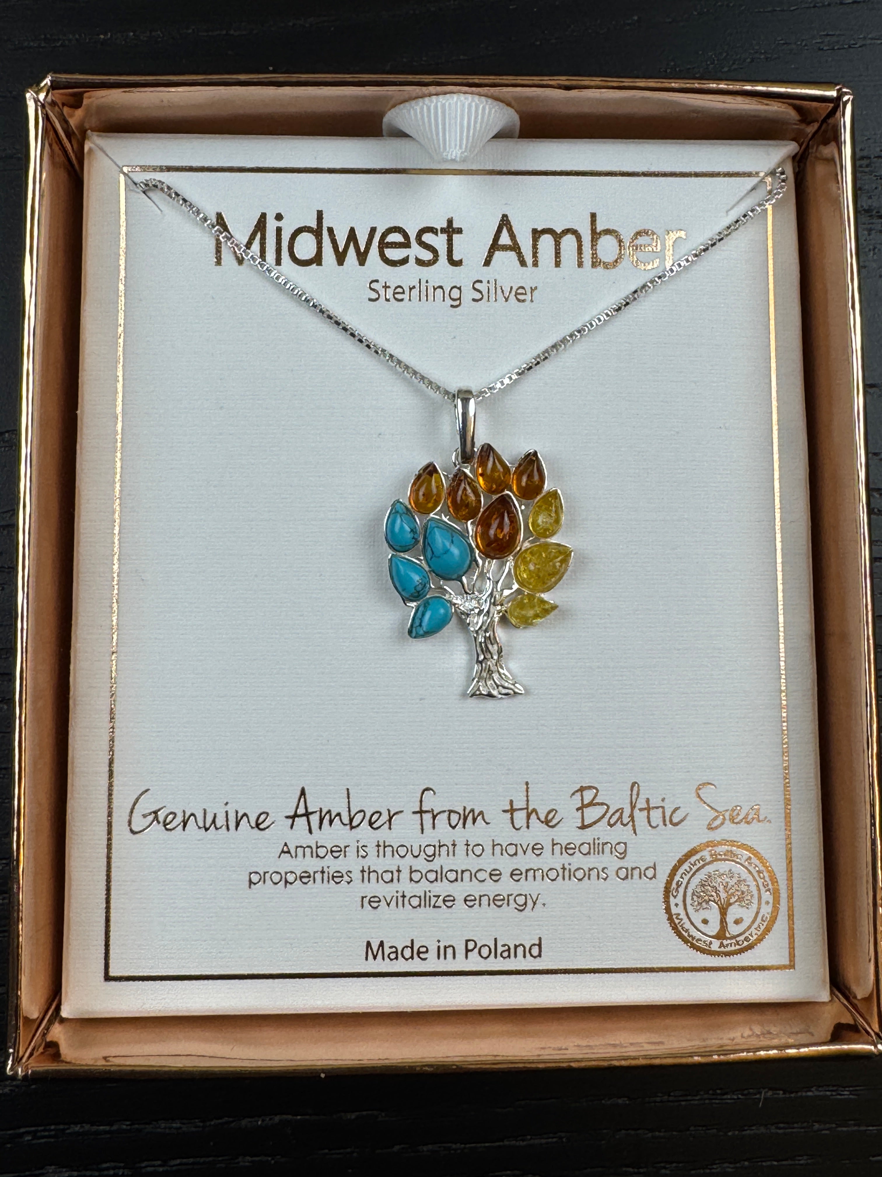 Sterling Silver Tree of Life Pendant – Lemon Amber, Cognac Amber & Turquoise Harmony - Shipped on Sterling Silver Chain