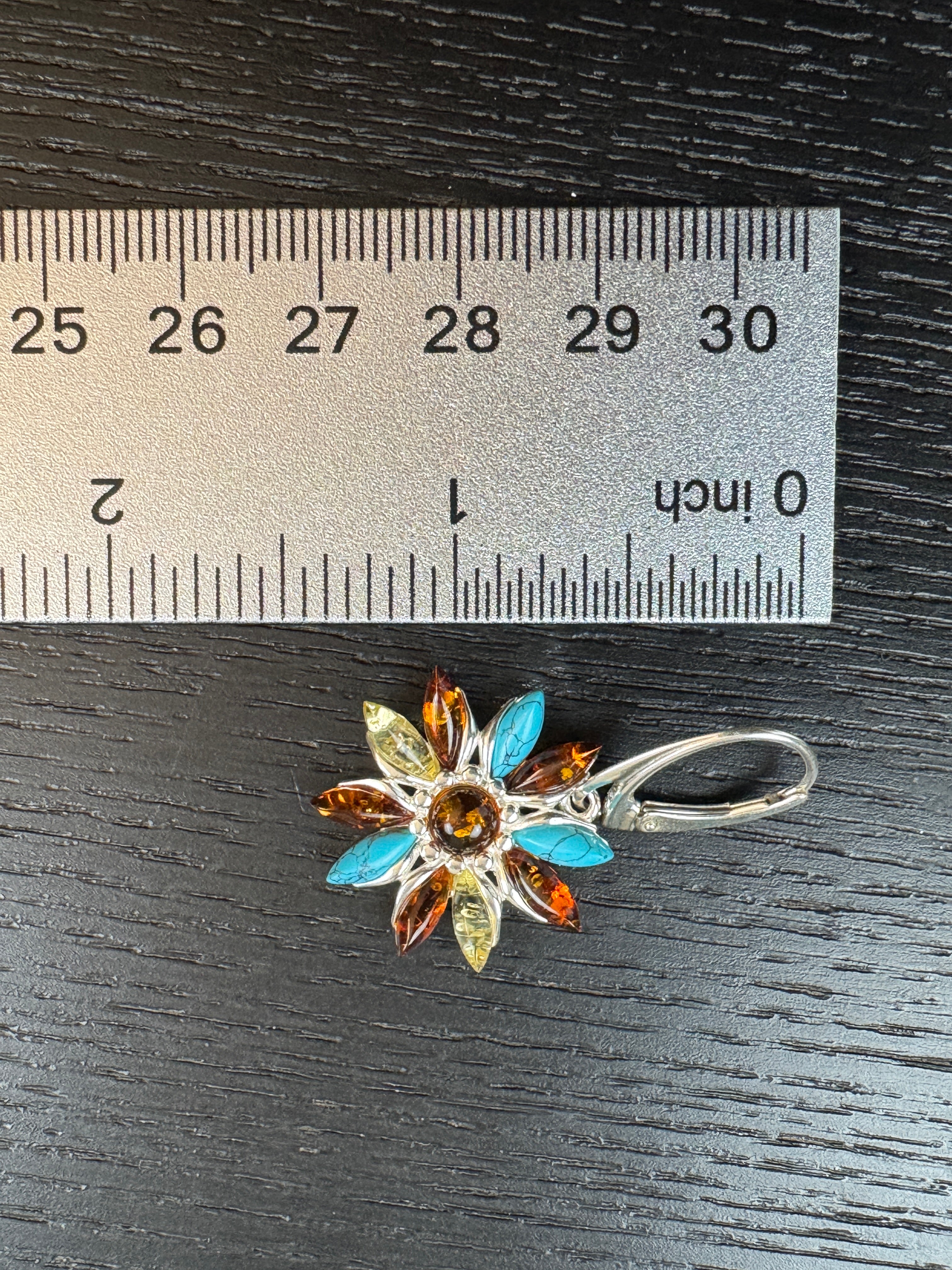 Sterling Silver Floral Dangle Earrings with Multicolor Baltic Amber and Turquoise - Leverback Closure - handmade in Poland
