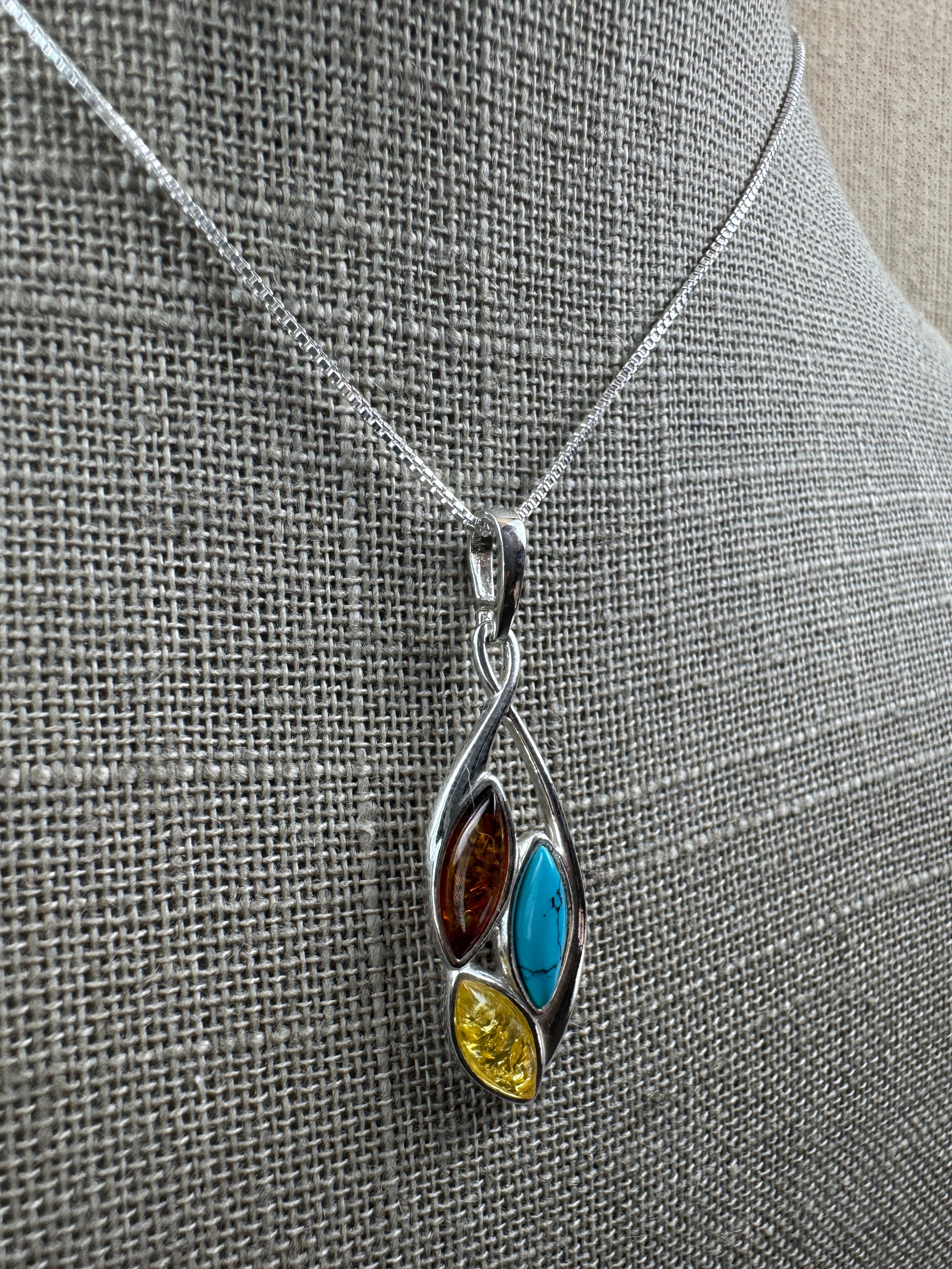 Multicolor Baltic Amber & Turquoise Pendant – Earthy Elegance in Sterling Silver