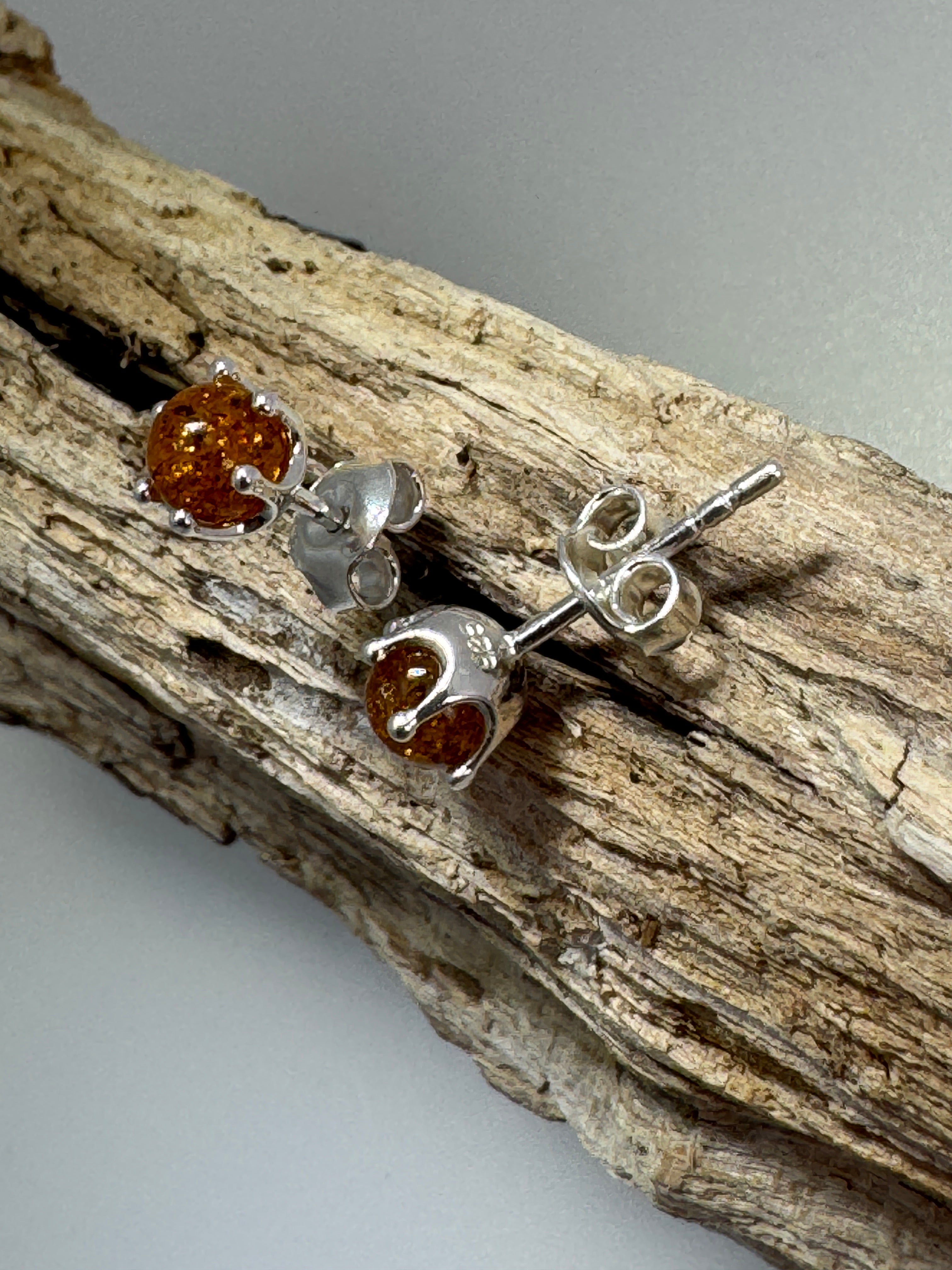 Simple, Classic Cognac Baltic Amber Post Earrings – Everyday Stud Design in Sterling Silver