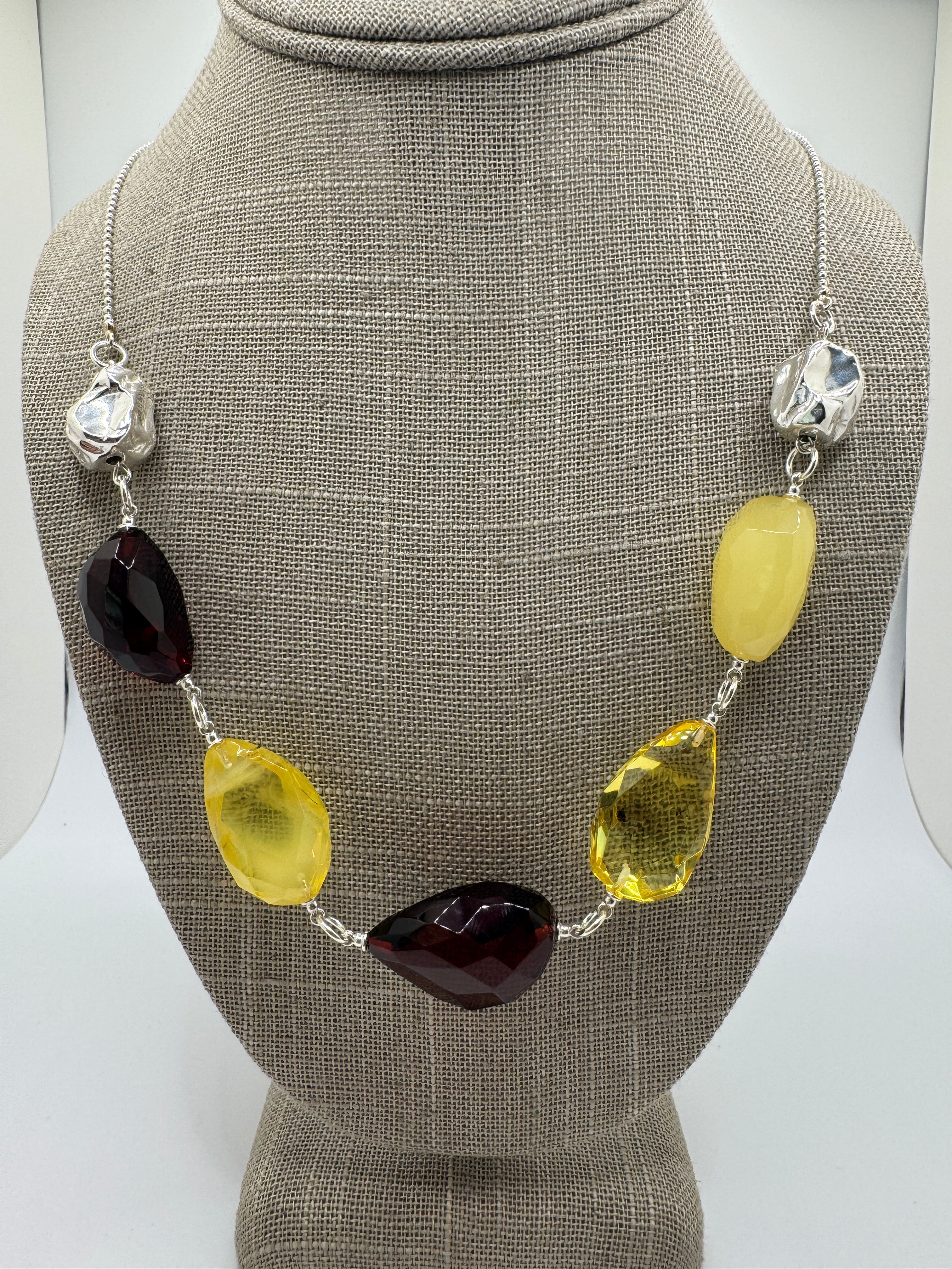 Handmade in Lithuania Sterling Silver Baltic Amber Multi-Stone Boho Necklace – Cherry, Lemon & Butterscotch Amber