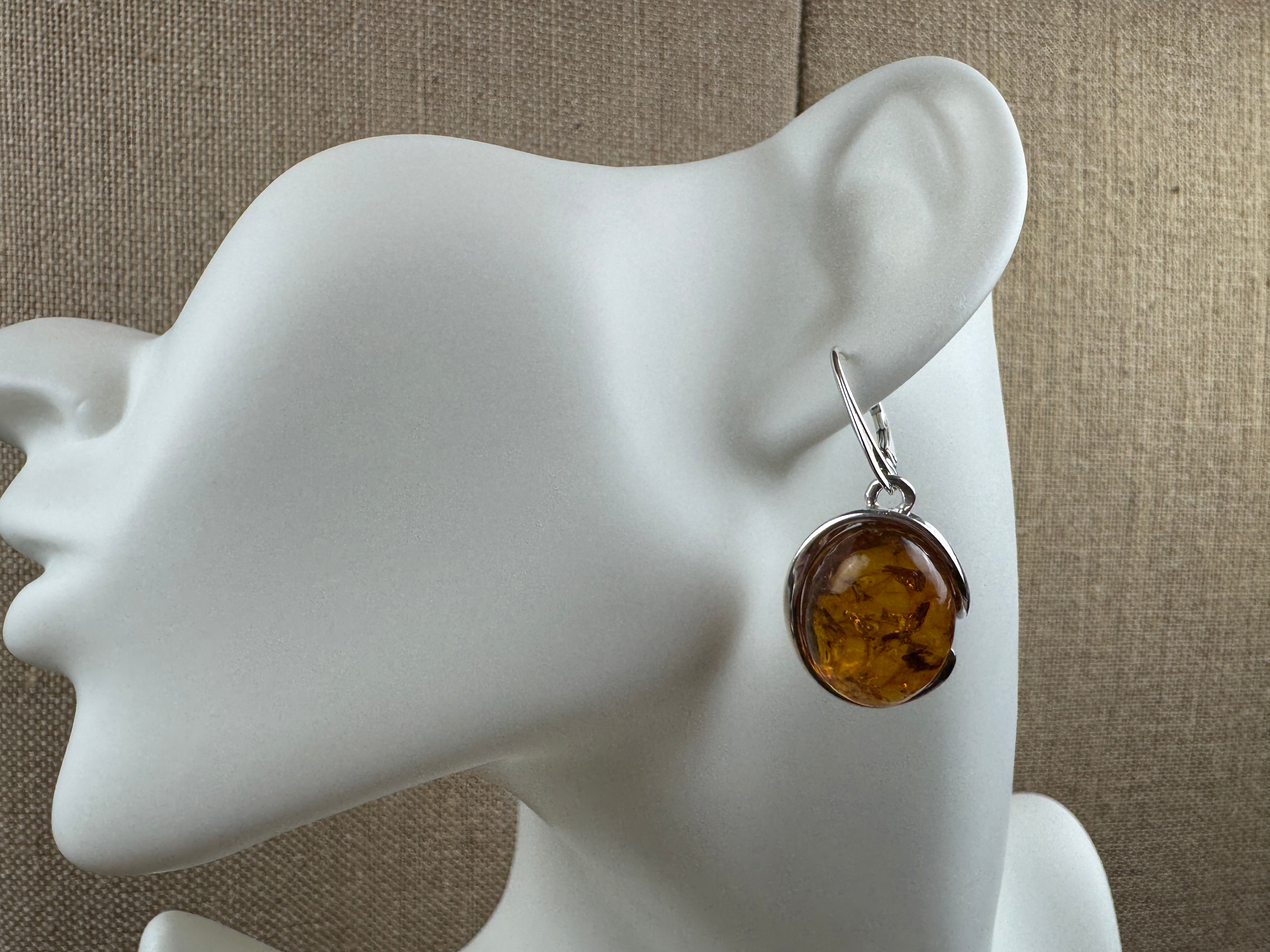 Large Genuine Baltic Amber Lever Back Earrings | Sterling Silver Cabochon Drops Handmade in Poland