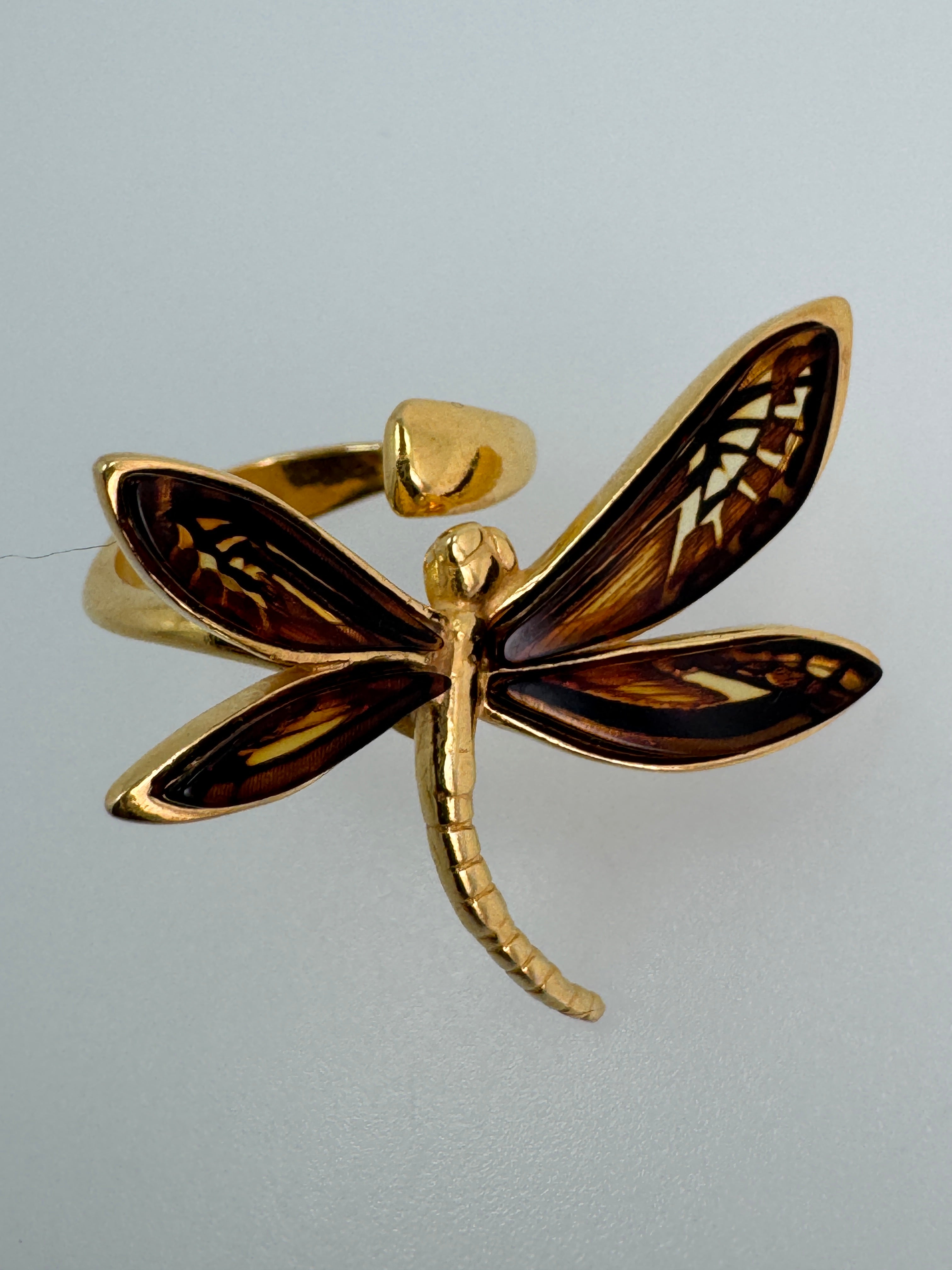 Gold-Plated Sterling Silver Dragonfly Ring – Hand-Etched Cognac Amber Wings, Adjustable