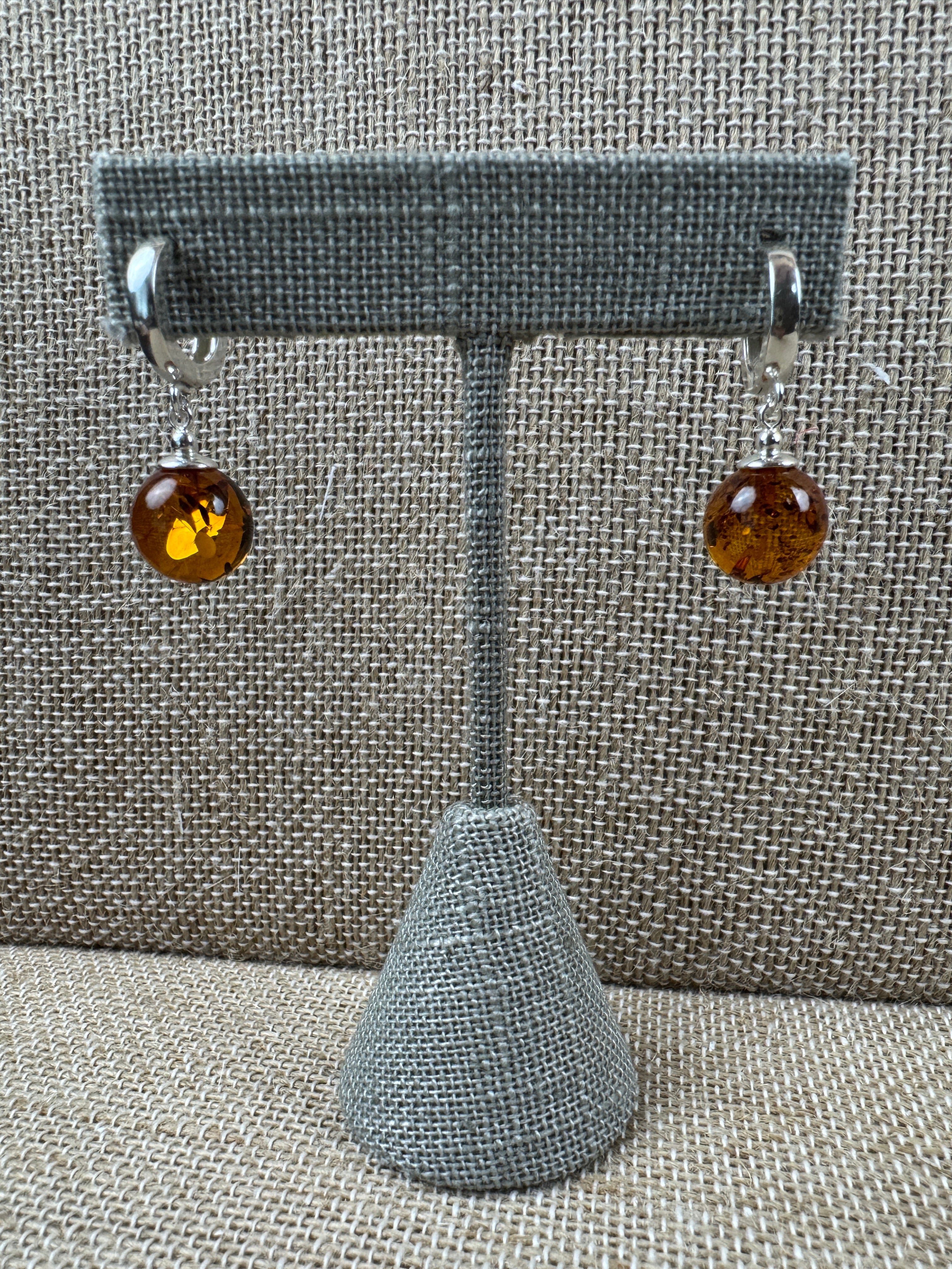 Sterling Silver Baltic Amber Ball Earrings – Cognac, Cherry or Green – French Closure
