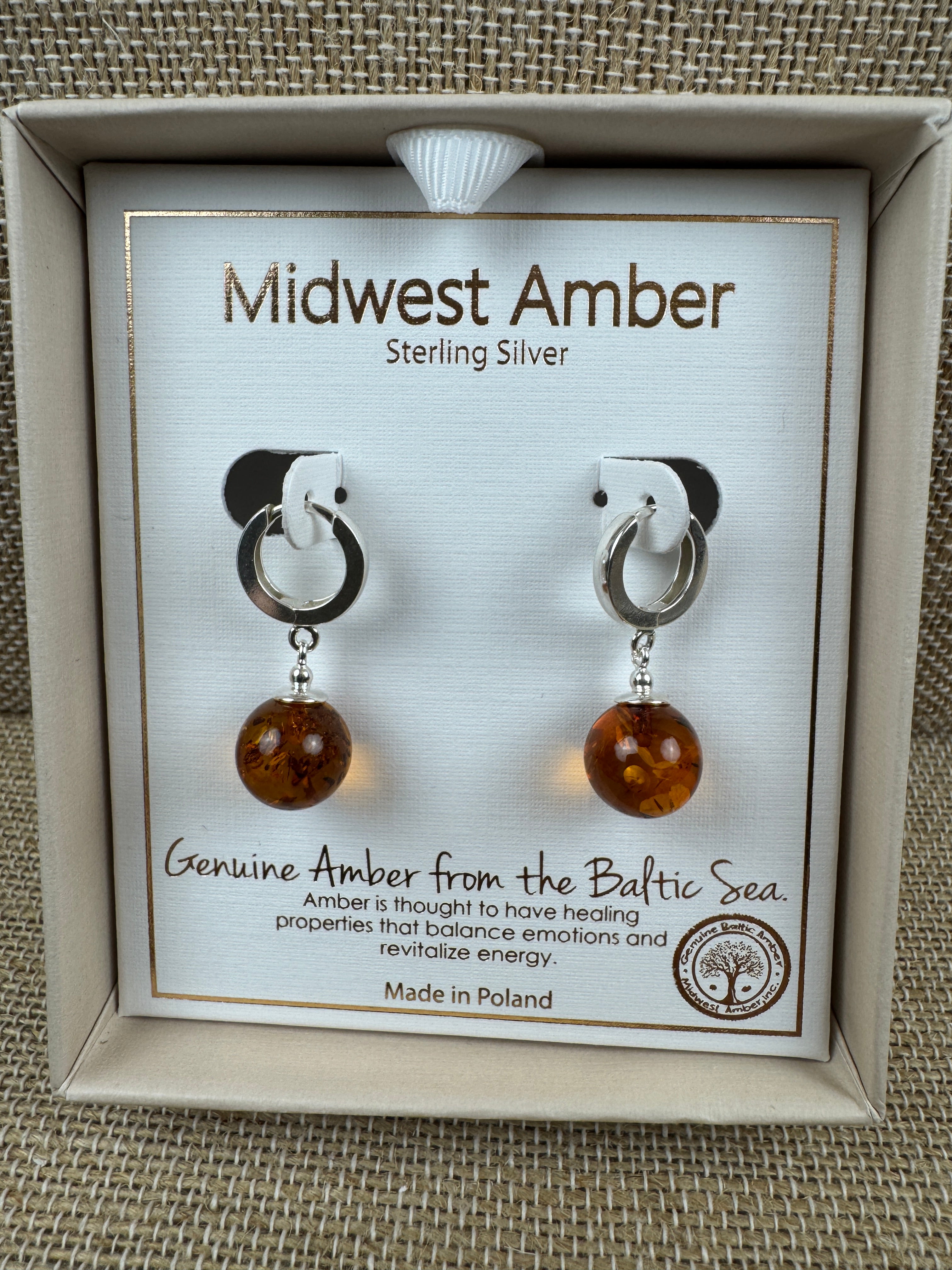 Sterling Silver Baltic Amber Ball Earrings – Cognac, Cherry or Green – French Closure