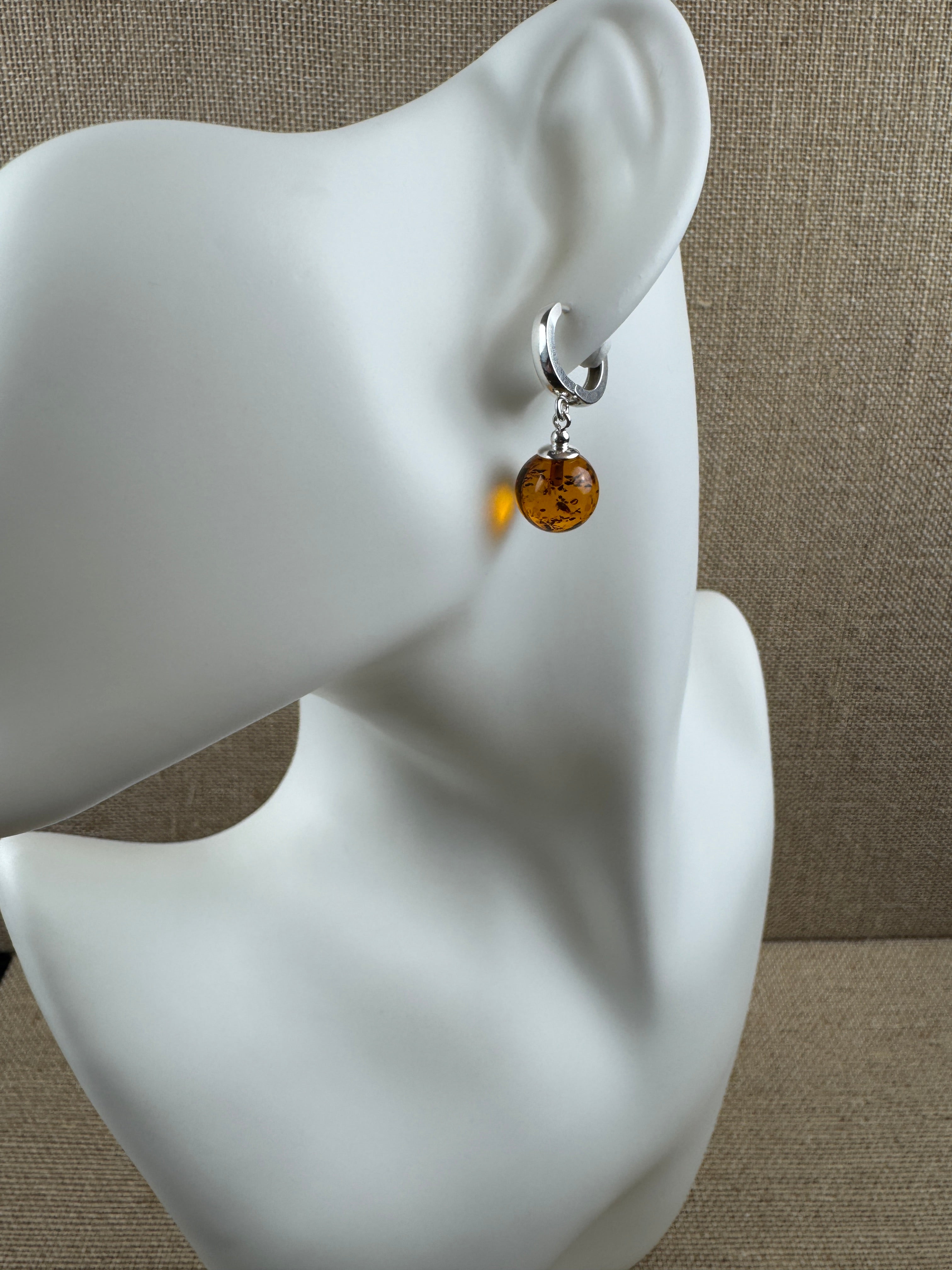 Sterling Silver Baltic Amber Ball Earrings – Cognac, Cherry or Green – French Closure