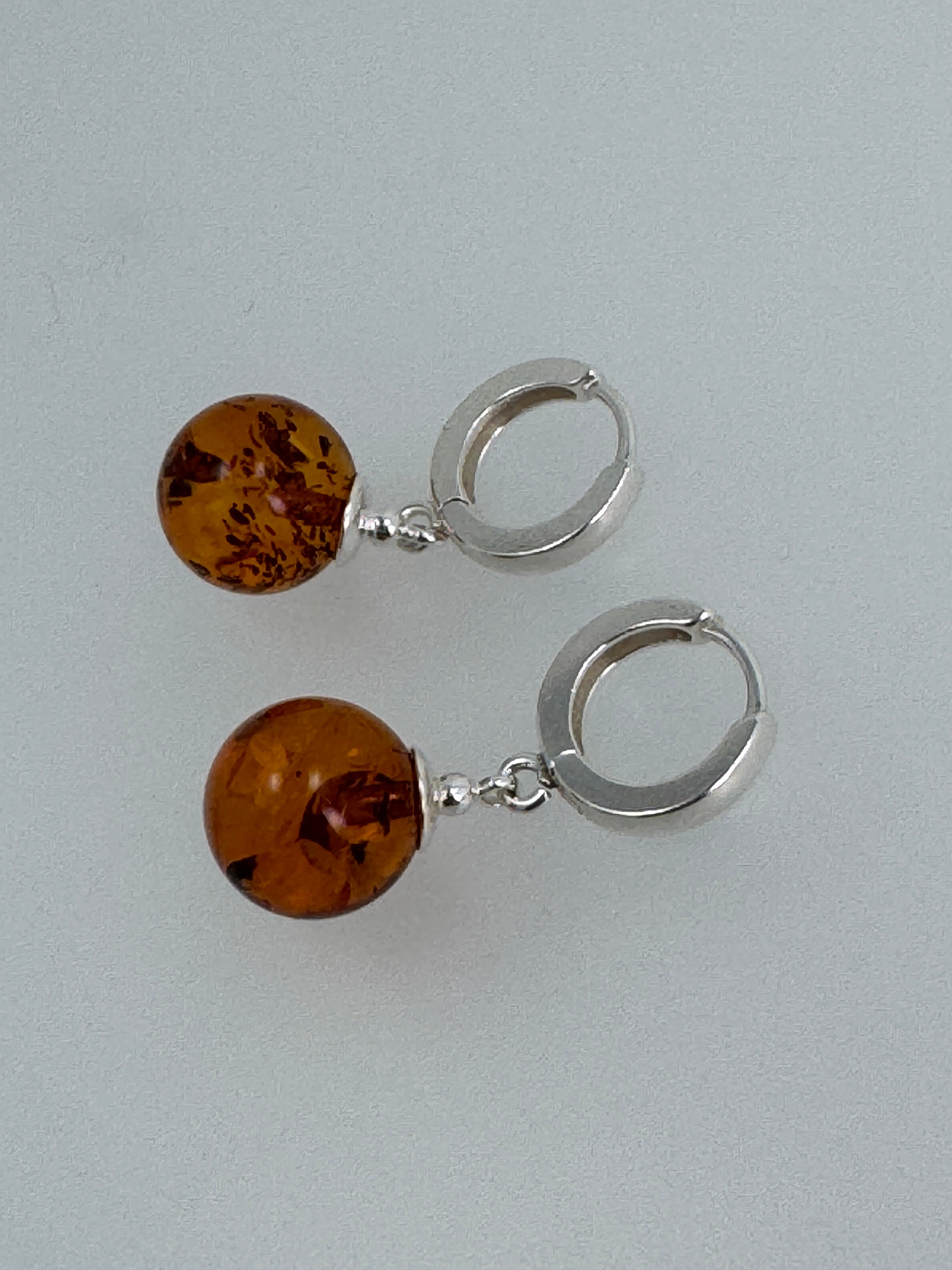 Sterling Silver Baltic Amber Ball Earrings – Cognac, Cherry or Green – French Closure