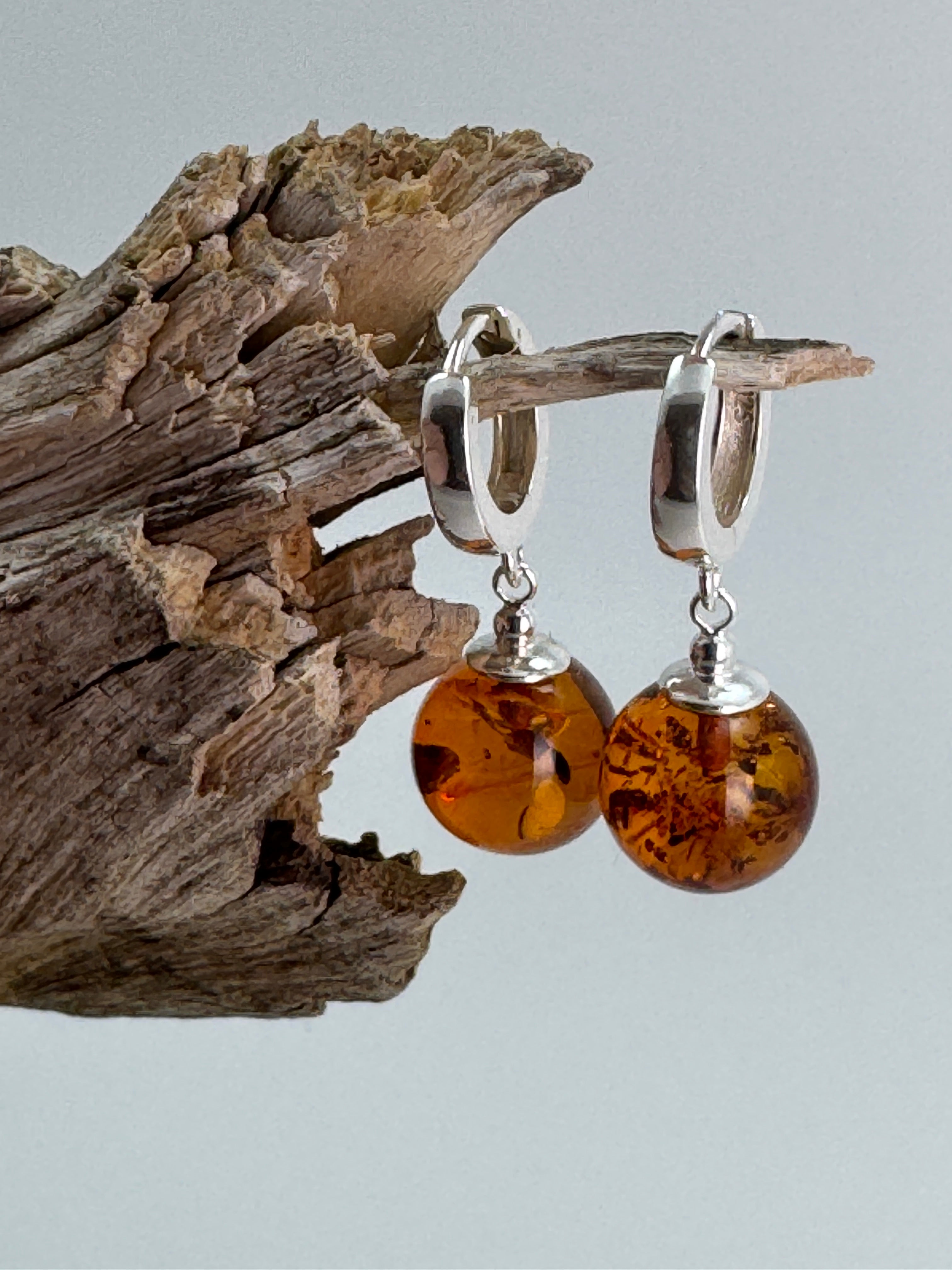 Sterling Silver Baltic Amber Ball Earrings – Cognac, Cherry or Green – French Closure