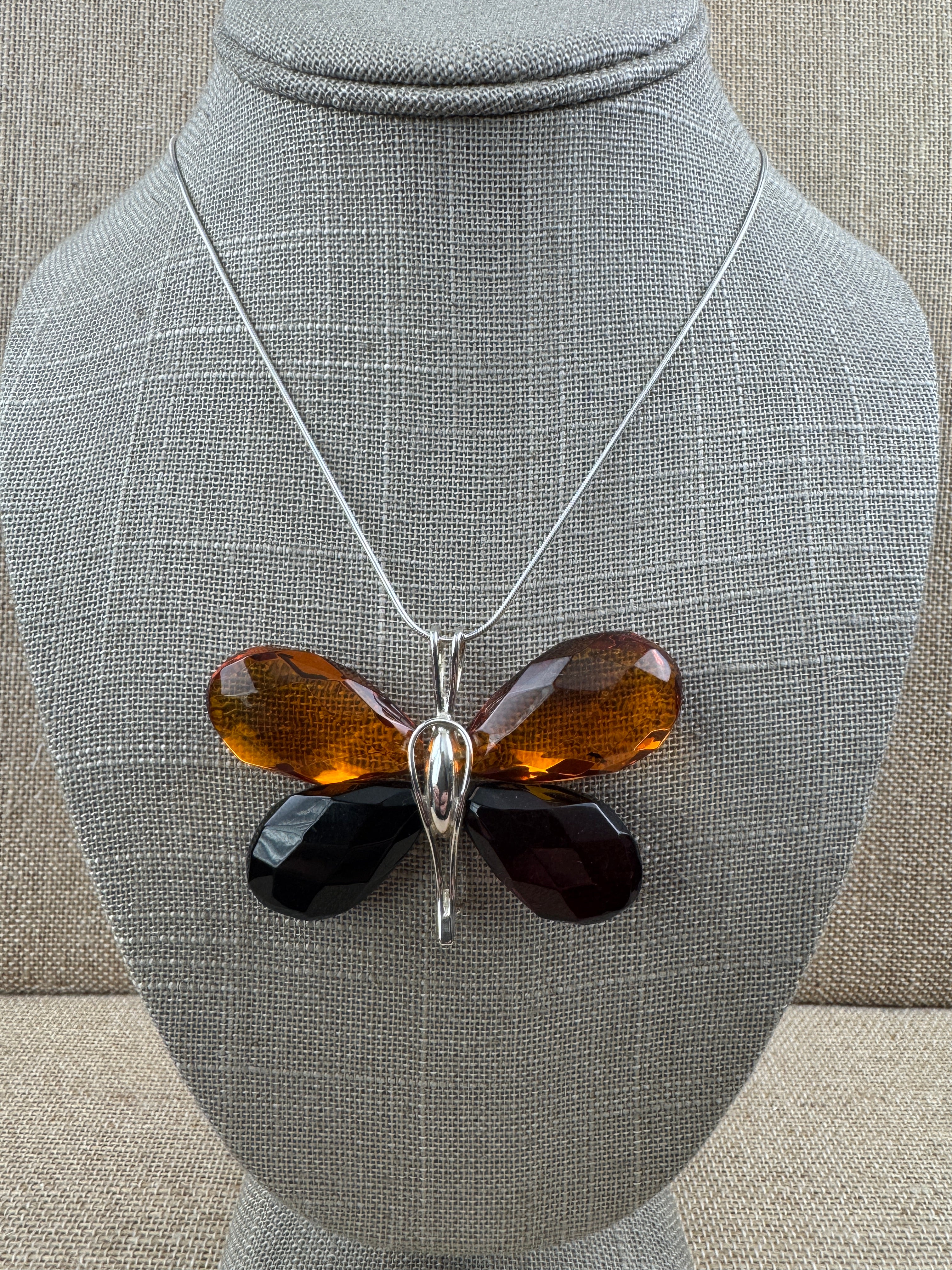 Handmade Sterling Silver & Baltic Amber Butterfly Pendant – Mixed Faceted Amber Wings