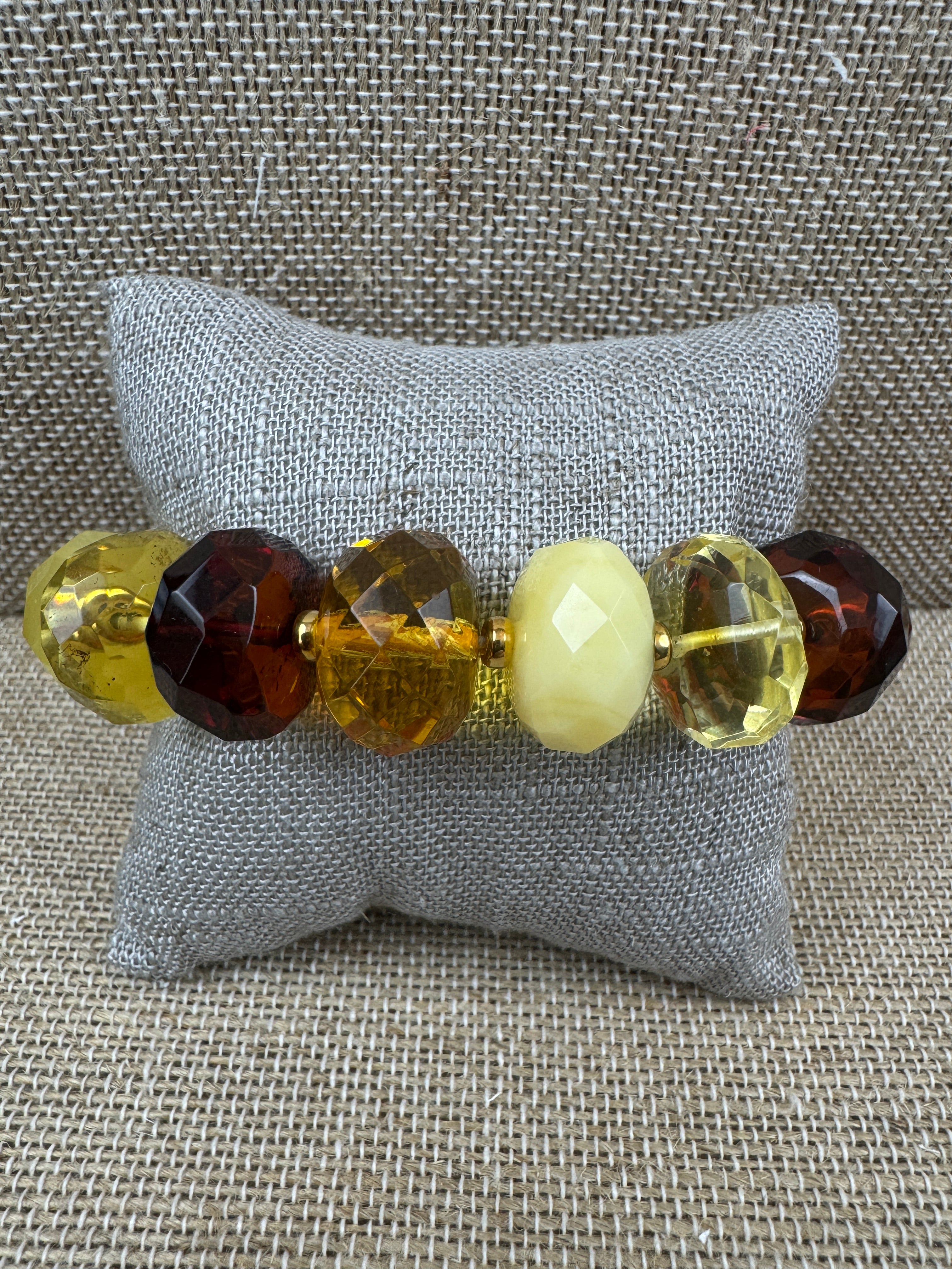Museum Quality Faceted Baltic Amber Bracelet – Lemon, Cognac, Cherry Amber with Gold Sterling Beads