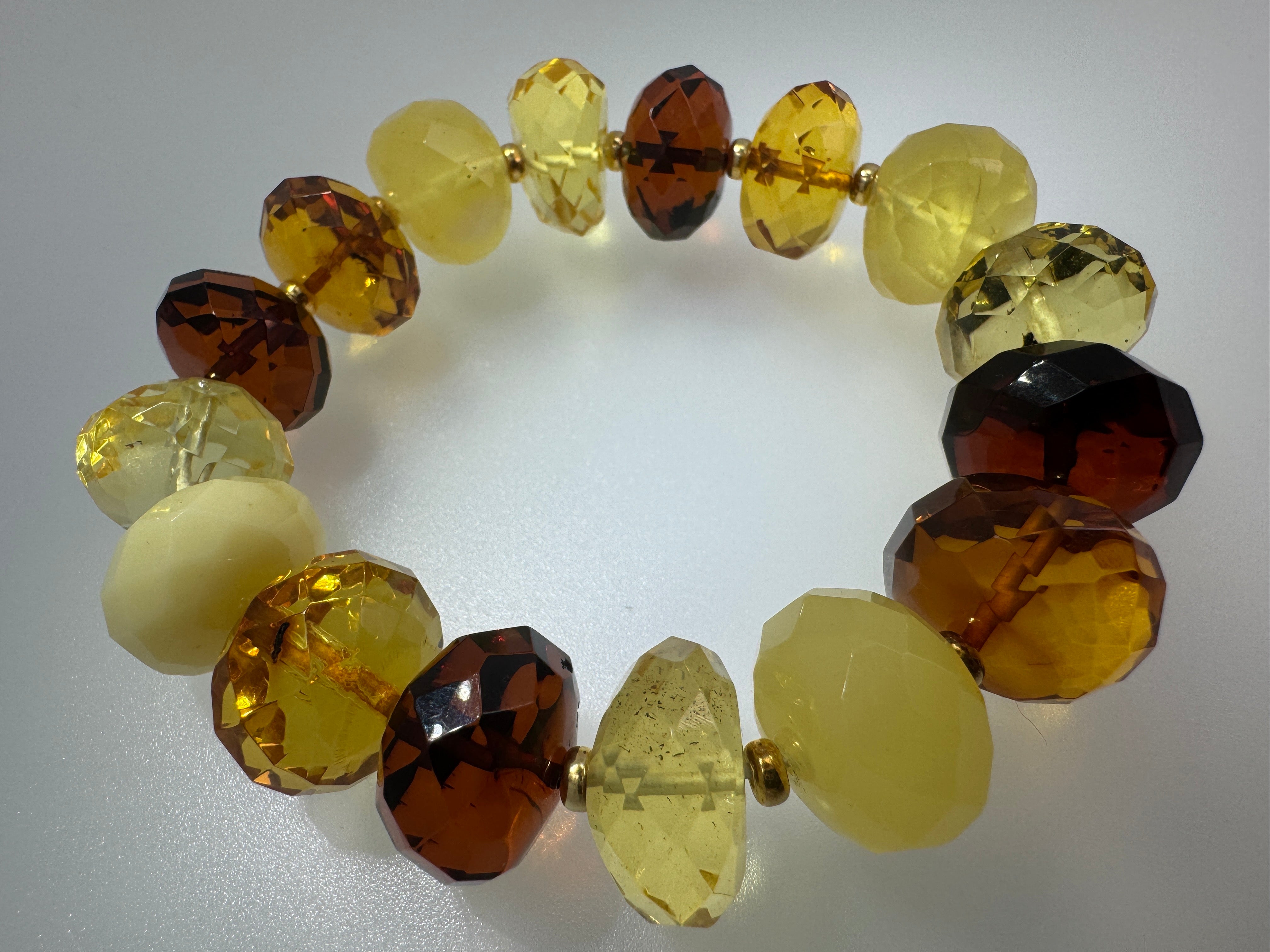 Museum Quality Faceted Baltic Amber Bracelet – Lemon, Cognac, Cherry Amber with Gold Sterling Beads